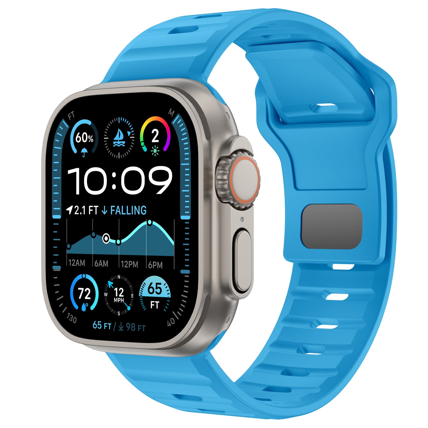 Das arktisband Apple Watch Silikonarmband „Active“ verfügt über ein blaues, atmungsaktives Design für digitale Smartwatches mit einem rechteckigen Zifferblatt, auf dem Zeit, Schritte, Temperatur und Aktivitätsringe für Ihre Fitness- und Wetter-Updates angezeigt werden.