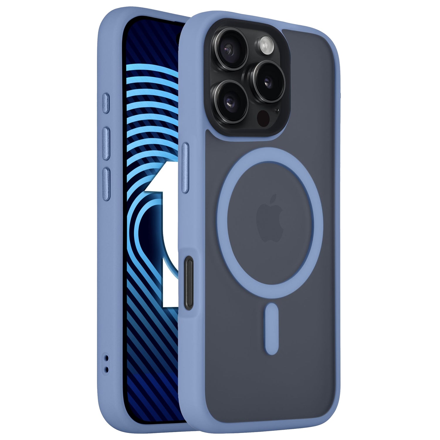 Das Arktis iPhone 16 Pro Max Solid Case verfügt über einen MagSafe-Ring, stoßdämpfendes TPU-Silikon und einen minimalistischen, matten Look in Blaugrau. Angezeigt auf einem iPhone mit blau gemustertem Bildschirm.