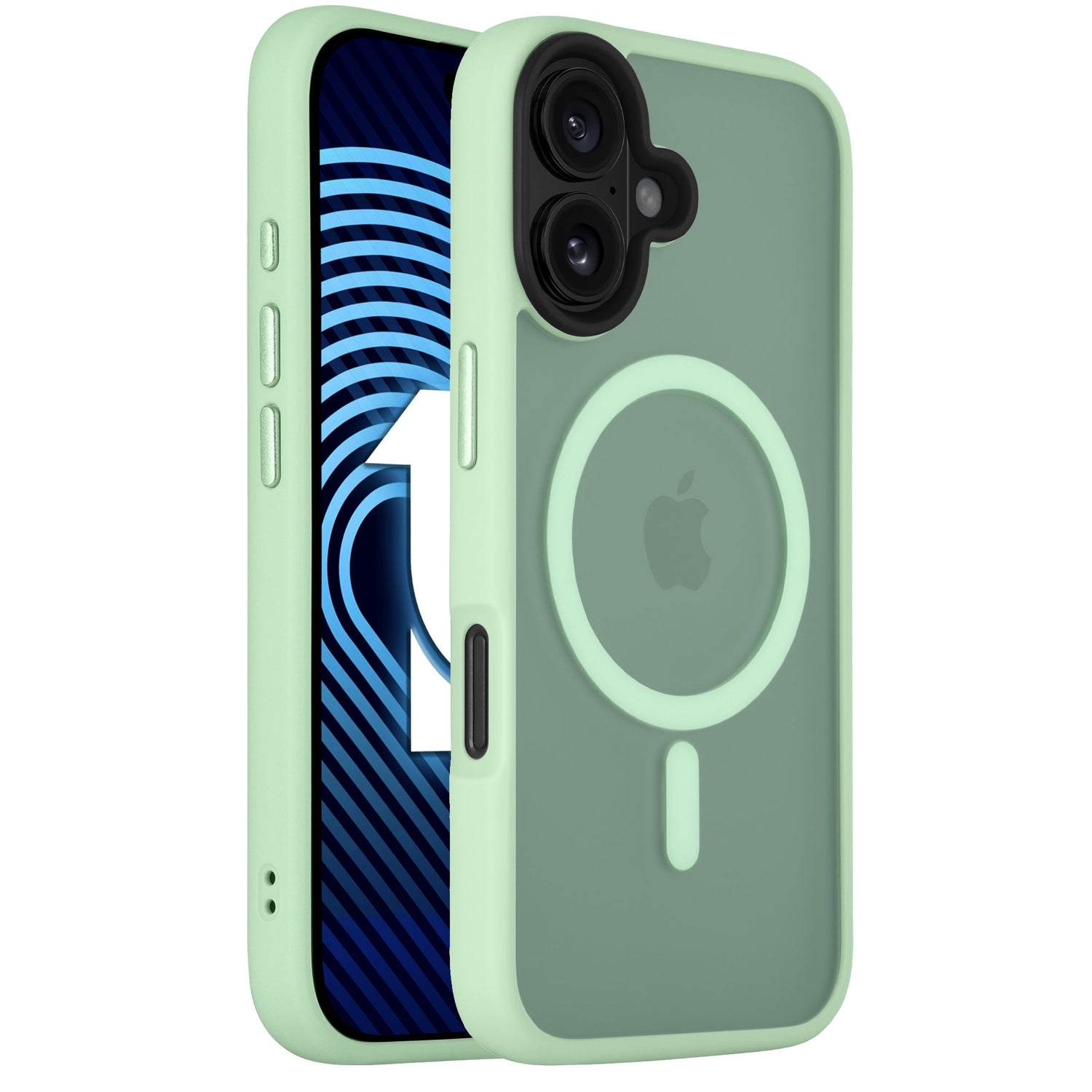 Minimalistischer Matt-Look: Die Arktis arktis iPhone 16 Plus Solid Case aus stoßabsorbierendem TPU in hellem Grün mit MagSafe-Ring, präsentiert auf und neben einem iPhone mit blau gemustertem Display.