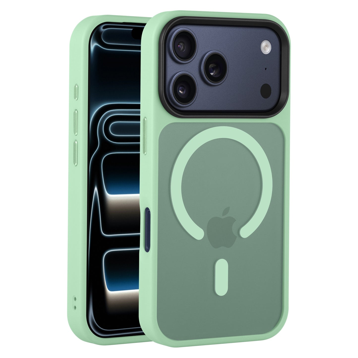 Arktis iPhone 17 Pro Solid Case mit MagSafe, matte mintgrüne Schutzhülle von Arktis, zeigt Handy und Hülle in Front- und Rückansicht.