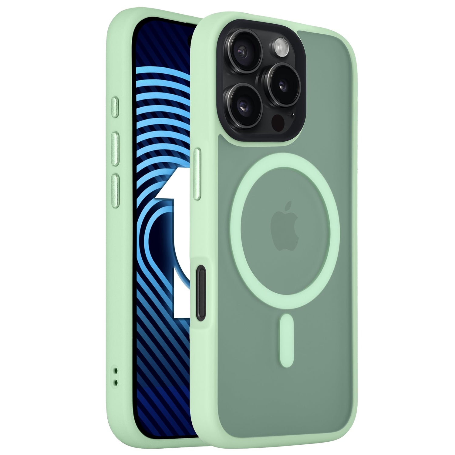 Die Arktis arktis iPhone 16 Pro Max Solid Case überzeugt als stoßabsorbierende TPU-Silikon-Hülle mit MagSafe-Ring im minimalistischen Matt-Look in Light Green auf einem iPhone mit blauem abstraktem Screen-Hintergrund.