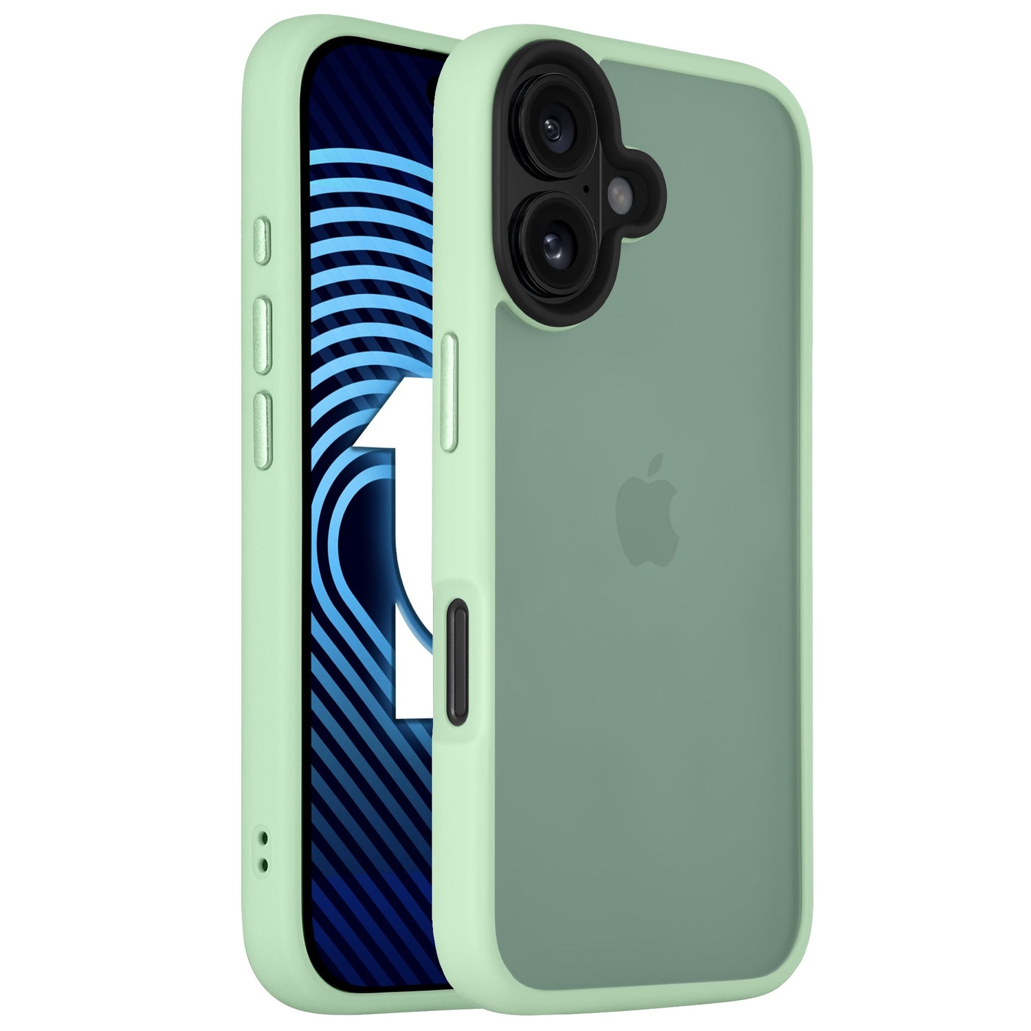Die Arktis iPhone 16 Plus Solid Case in Mint Green im minimalistischen Matt-Look schützt dein iPhone mit blau gemustertem Display – abgebildet ist die Zahl 1.