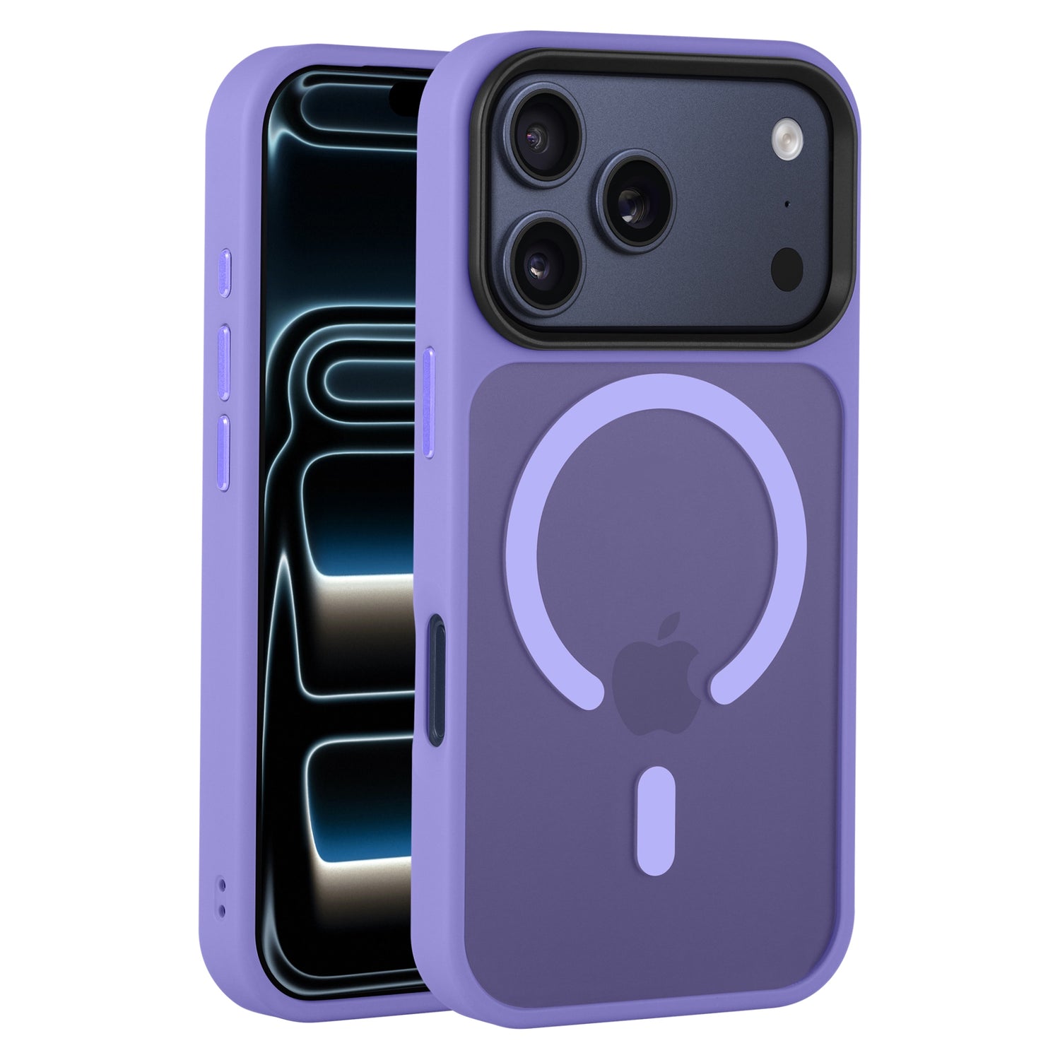 Arktis iPhone 17 Pro Solid Case mit MagSafe von Arktis in Purple Matte, präsentiert auf einem Smartphone mit schwarz-blauem geometrischem Displaydesign.