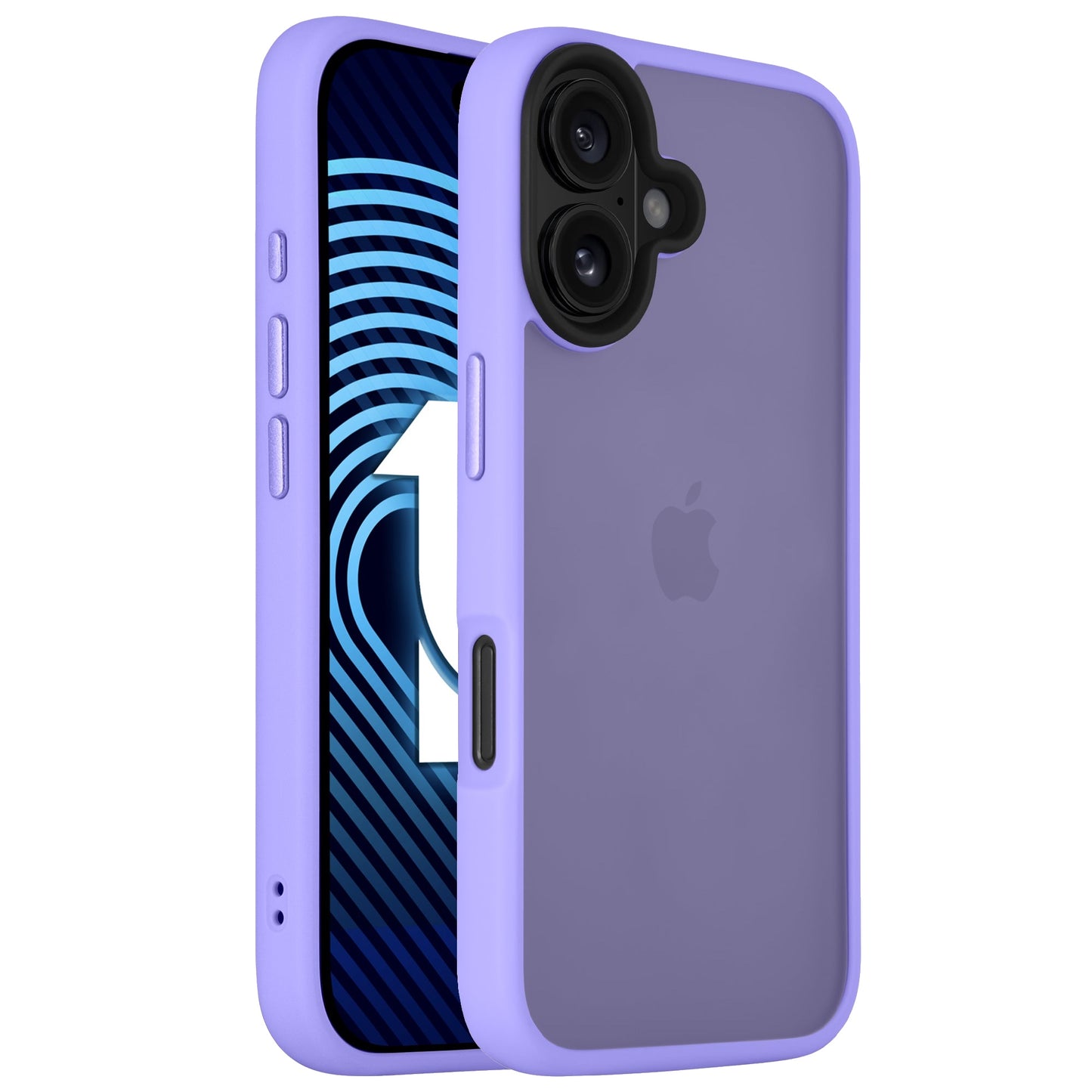 Die Arktis iPhone 16 Plus Solid Case in Lila im minimalistischen Matt-Look schützt dein Handy stilvoll – abgebildet auf einem Gerät mit blau gemustertem Display und der angezeigten Zahl 1.