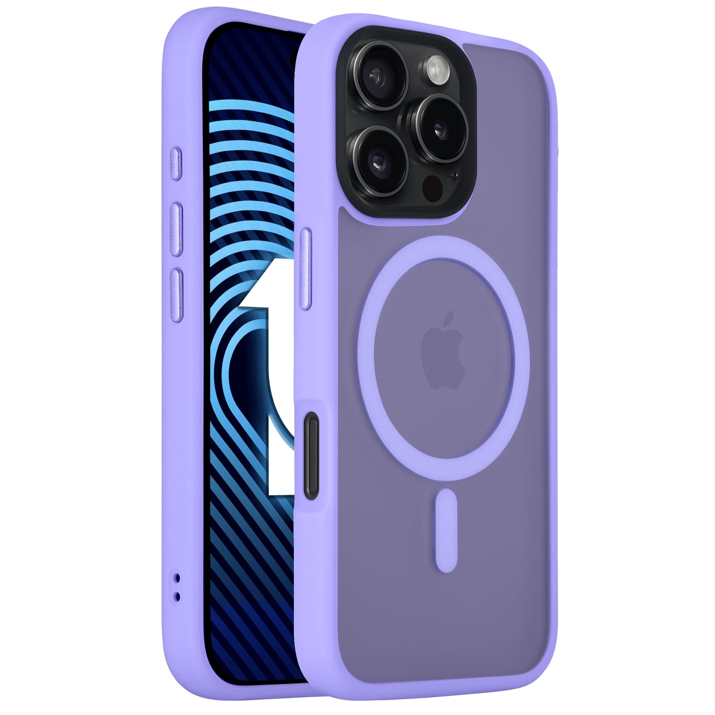 Das Arktis iPhone 16 Pro Max Solid Case in Lila verfügt über MagSafe, einen minimalistischen, matten Look und stoßdämpfendes TPU-Silikon für zusätzlichen Schutz. Abgebildet auf einem iPhone mit blau gemustertem Bildschirm.