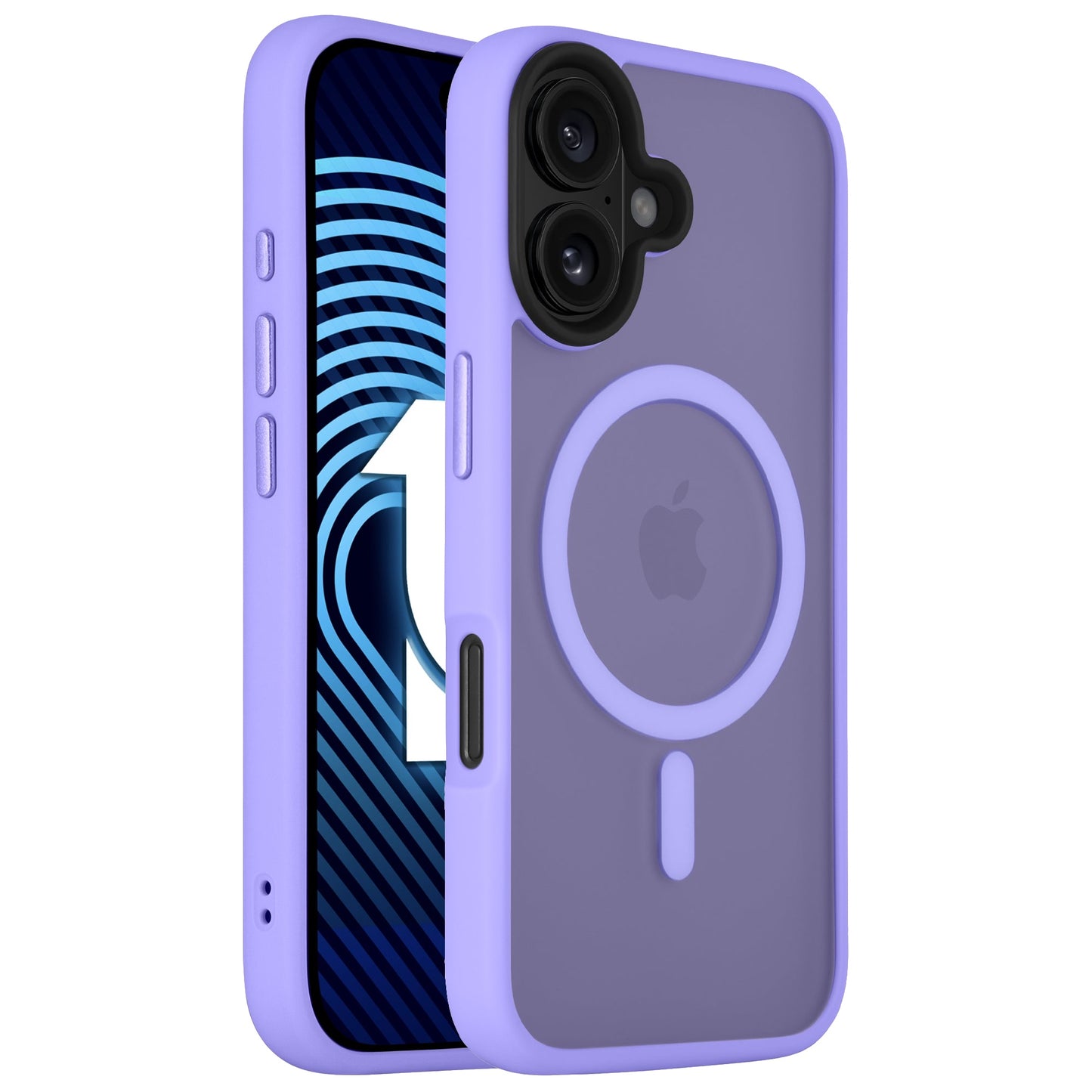 Die Arktis iPhone 16 Plus Solid Case Hülle in Lila mit MagSafe-Ring besteht aus stoßabsorbierendem TPU-Silikon und passt perfekt auf das iPhone 16 Plus, hier gezeigt an einem Gerät mit blau-schwarzem Muster-Display.