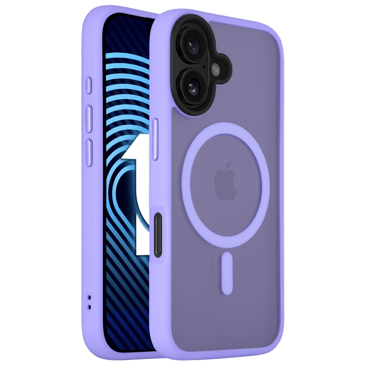 Die Arktis iPhone 16 Plus Solid Case Hülle in Lila mit MagSafe-Ring besteht aus stoßabsorbierendem TPU-Silikon und passt perfekt auf das iPhone 16 Plus, hier gezeigt an einem Gerät mit blau-schwarzem Muster-Display.