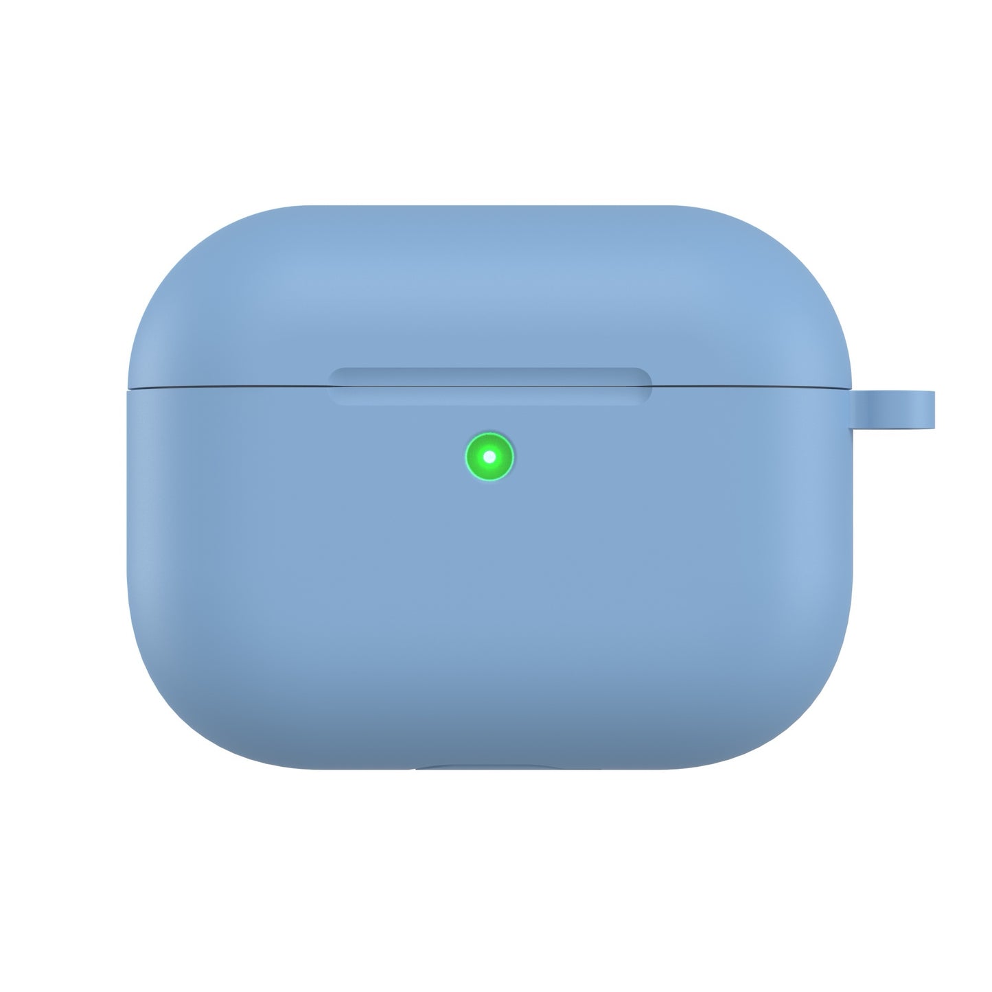 Arktis AirPods Pro 3 Silikon Case in Hellblau, stoßfest mit grünem Indikatorlicht vorne, ideal für kabelloses Laden. Von arktis, isoliert auf weißem Hintergrund.