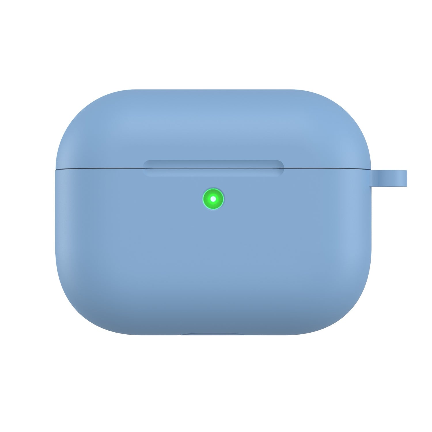 Arktis AirPods Pro 3 Silikon Case in Hellblau, stoßfest mit grünem Indikatorlicht vorne, ideal für kabelloses Laden. Von arktis, isoliert auf weißem Hintergrund.