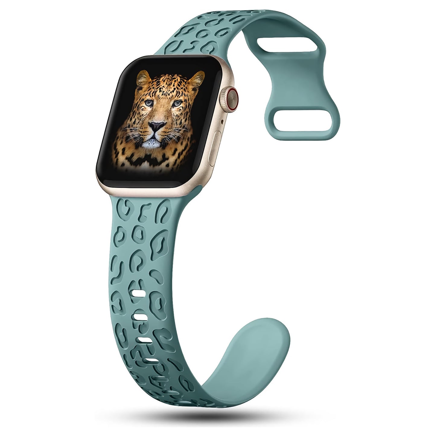 Das arktisband Apple Watch Armband „Leopard“ von arktisband ist in Blaugrün mit einem Silikonband im Leopardenmuster erhältlich. Das Display zeigt ein naturgetreues Leopardengesicht auf Schwarz, das sowohl das Armband als auch das Display hervorhebt. Kompatibel mit der Apple Watch.