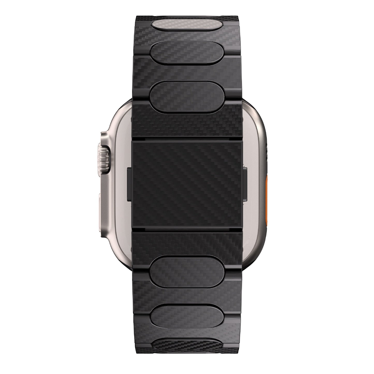 Das arktisband Apple Watch Ultra HURRICANE Karbon-Armband verfügt über ein Band im Carbonfaser-Stil und einen magnetischen Schnappverschluss, von hinten auf weißem Hintergrund abgebildet.