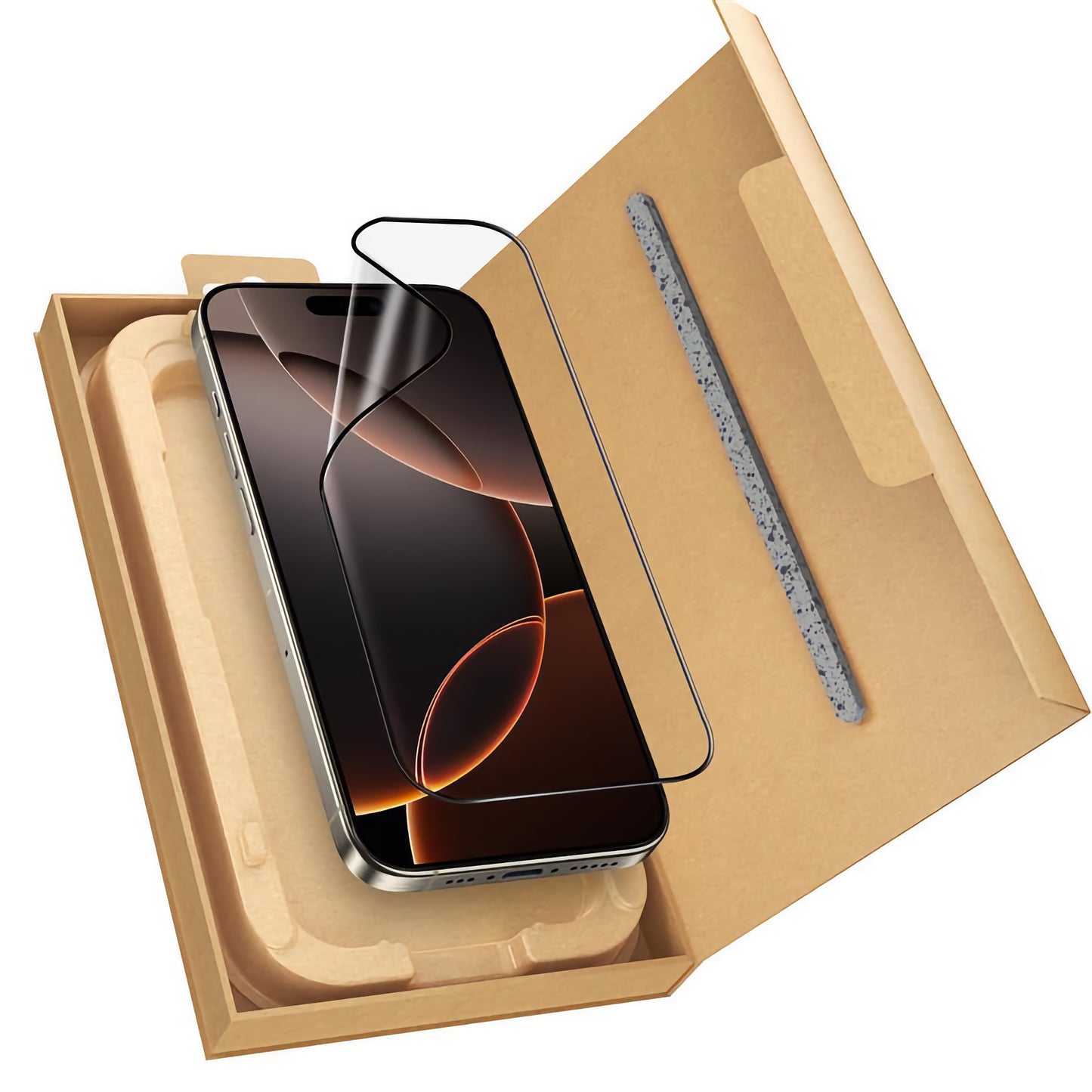 Die arktis iPhone 16 Pro Max Schutzfolie HYBRID 3D aus Nano-Polymer-Material wird auf Ihr Smartphone aufgebracht und kommt in einer offenen Kartonverpackung.