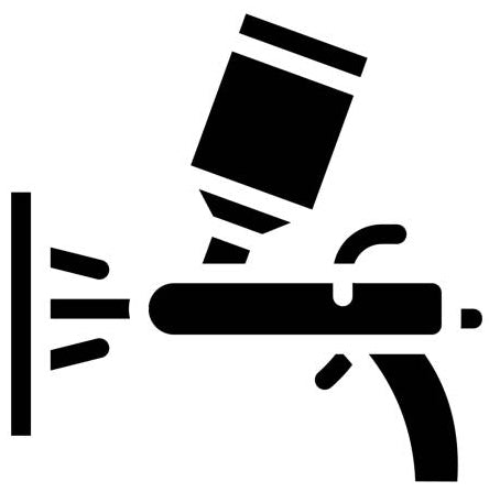 Symbol einer Farbspritzpistole, die Farbe auf eine Oberfläche sprüht, in Schwarz auf weißem Hintergrund dargestellt.