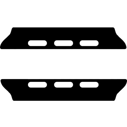 Zwei schwarze rechteckige Formen mit abgerundeten Enden und jeweils drei ovalen Ausschnitten, horizontal ausgerichtet.
