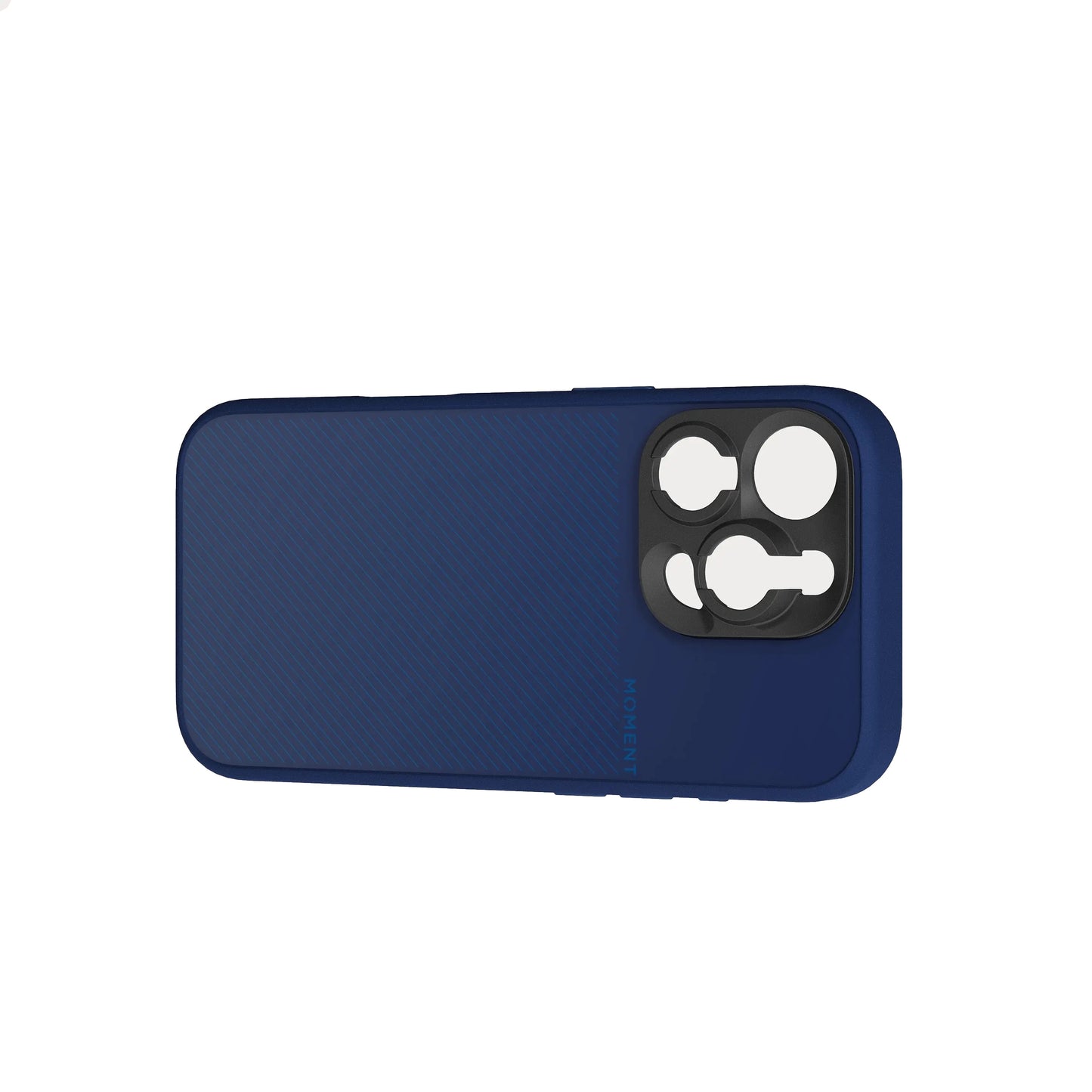 Die MOMENT iPhone 16 Pro Kameratasche MagSafe in Blau verfügt über einen schwarzen Objektivschutz und eine Drop-In-Objektivhalterung, die auf einem weißen Hintergrund dargestellt sind.