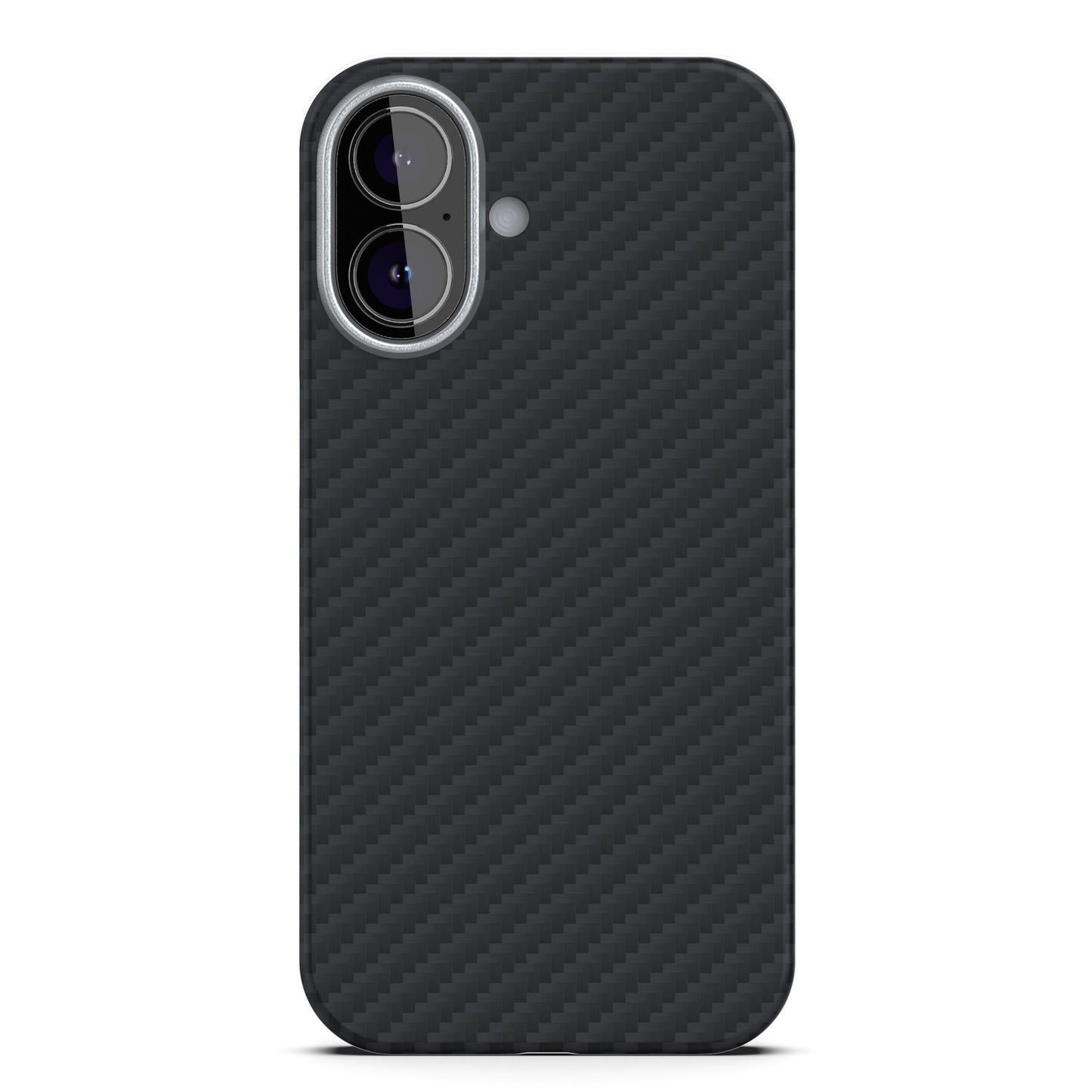 Das arktis iPhone 17 Carbon Case von arktis bietet MagSafe Kompatibilität, zwei Kamera- und Blitzausschnitte, hier in schwarzem Karbon-Aramid auf weißem Hintergrund.