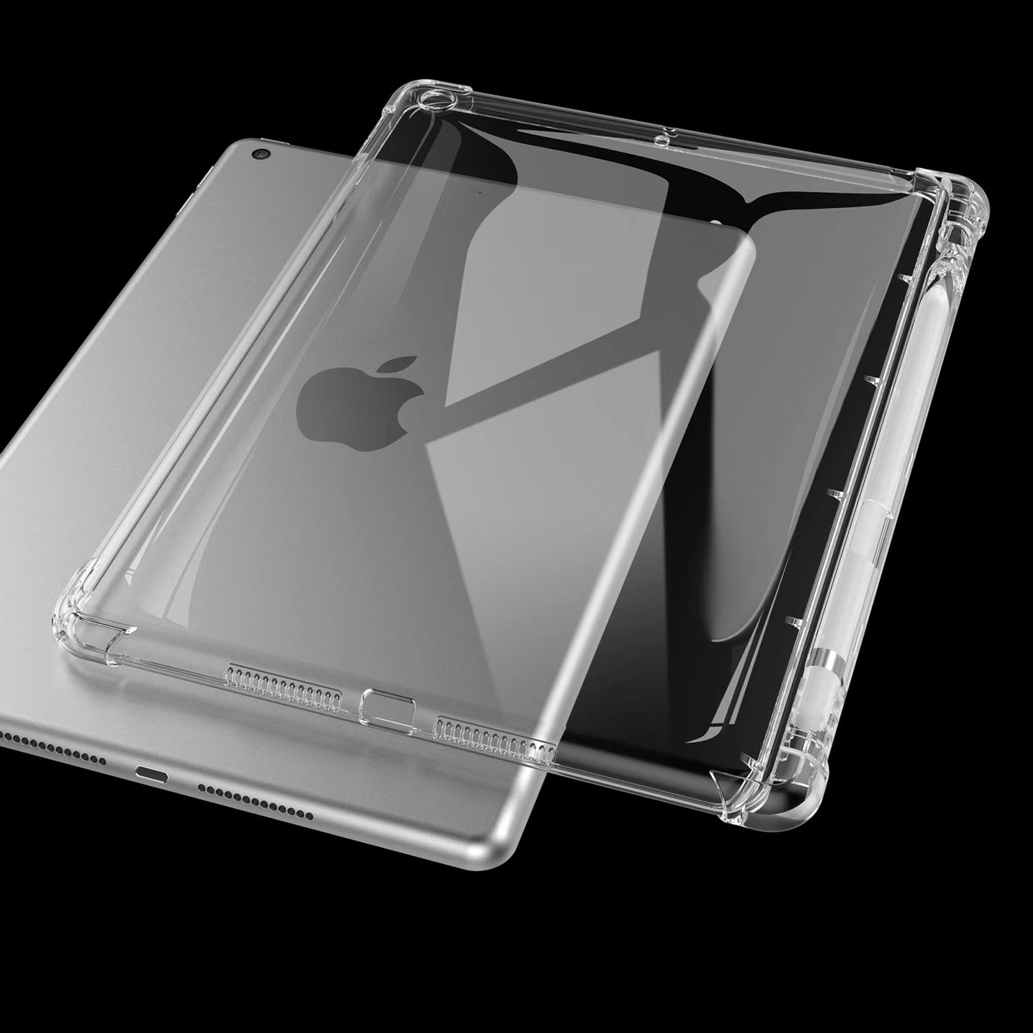 Stoßabsorbierende ArktisPRO iPad 10,2" TPU Pencil Case: Transparente Hülle, die ein silbernes iPad mit sichtbarem Apple-Logo auf schwarzem Hintergrund teilweise schützt.