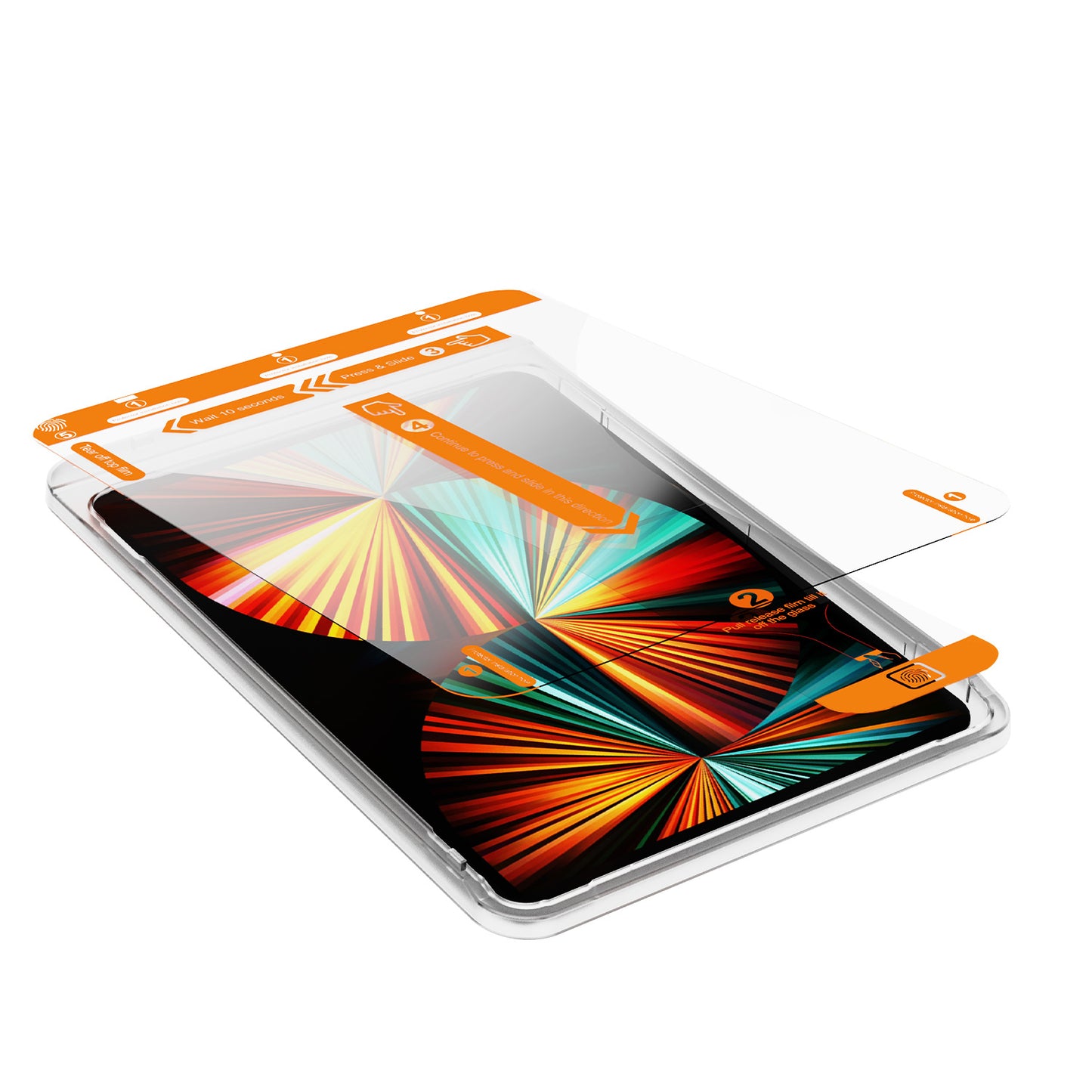 Ein iPad mit einem lebendigen Bildschirm liegt flach darauf, während der Arktis iPad REVOLUTION Glas-Displayschutz mit orangefarbenen EZ.INSTALL Rahmen-Anleitungsaufklebern und Anleitungsetiketten zur Anbringung bereit liegt.