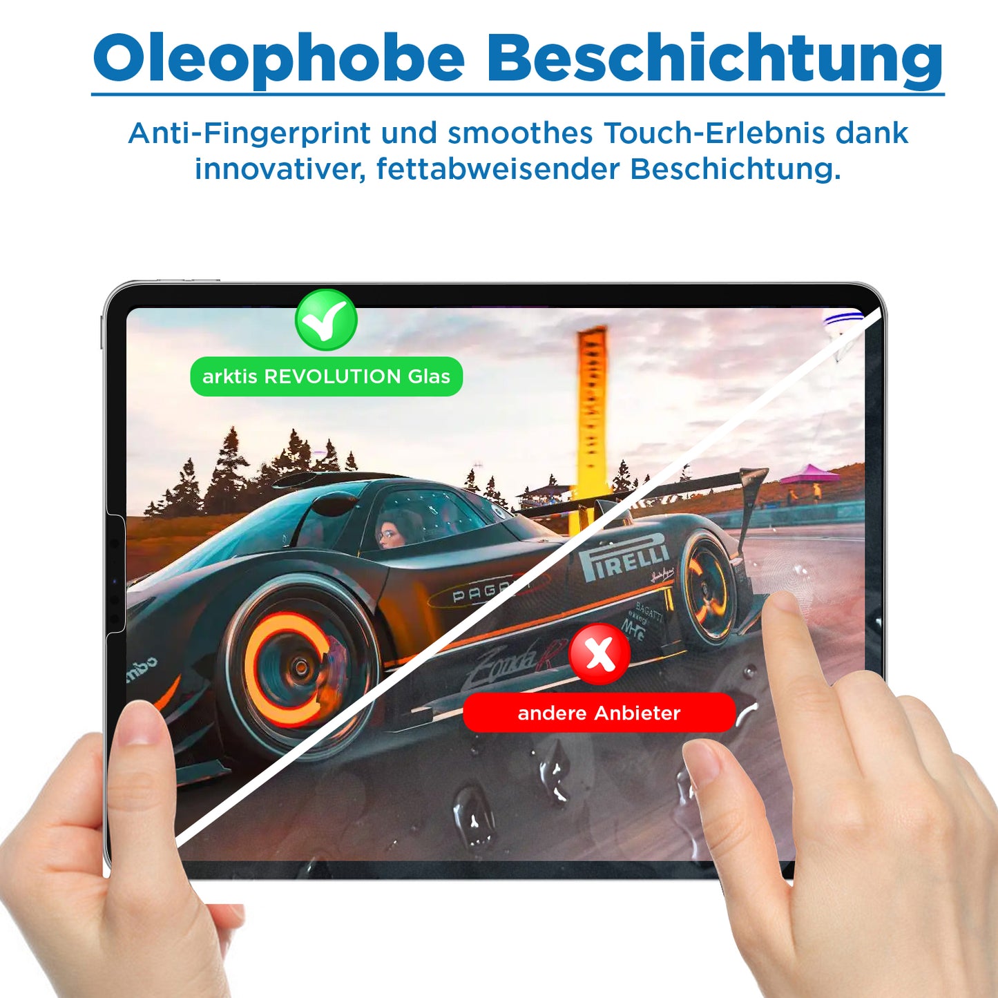 Ein diagonal geteilter Tablet-Bildschirm: Die linke Seite mit Arktis‘ arktis iPad REVOLUTION Glas-Displayschutz ist klar und glatt; die rechte Seite mit der Aufschrift „andere Anbieter“ ist verschmiert. Der deutsche Text hebt die oleophobe Beschichtung und den EZ.INSTALL-Rahmen für eine einfache Installation hervor.