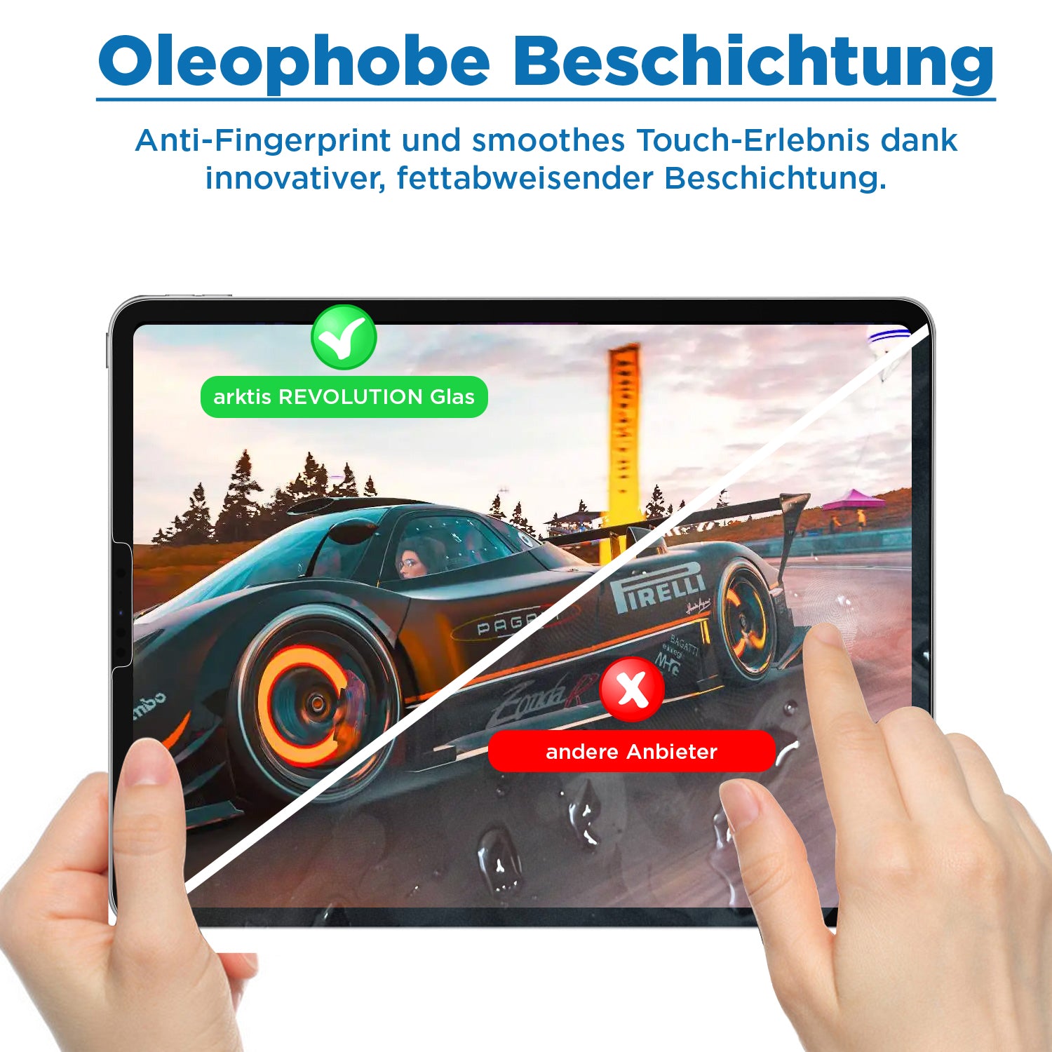 Ein diagonal geteilter Tablet-Bildschirm: Die linke Seite mit Arktis‘ arktis iPad REVOLUTION Glas-Displayschutz ist klar und glatt; die rechte Seite mit der Aufschrift „andere Anbieter“ ist verschmiert. Der deutsche Text hebt die oleophobe Beschichtung und den EZ.INSTALL-Rahmen für eine einfache Installation hervor.