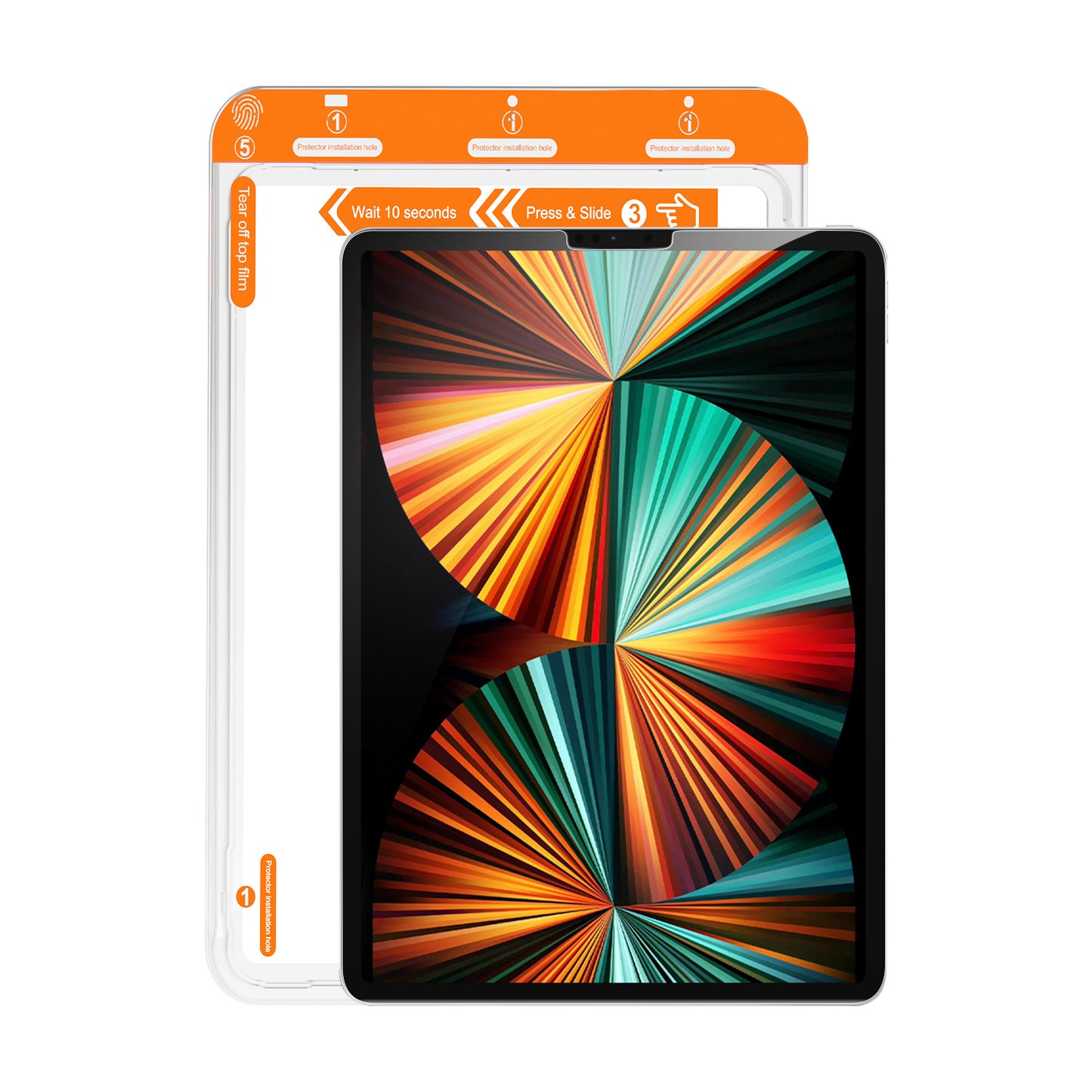 Ein iPad mit einem farbenfrohen abstrakten Bildschirm ist teilweise in einer durchsichtigen Verpackung abgebildet, auf deren Oberseite orange-weiße Anweisungen zur Installation des Arktis iPad REVOLUTION Glas-Displayschutzes von Arktis mit seinem EZ.INSTALL Rahmen angezeigt werden.