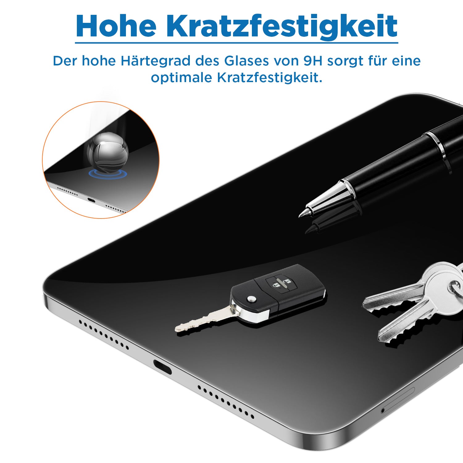 Ein iPad mit schwarzem Bildschirm und darauf einem Stift, einem Schlüssel und einem Autoschlüssel präsentiert den Arktis iPad REVOLUTION Glas-Displayschutz von Arktis – seine 9H-Härte bietet höchste Kratzfestigkeit für Ihr Display.