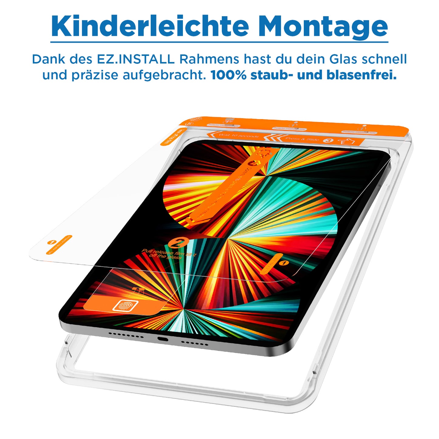 Ein iPad liegt in einem weißen EZ.INSTALL Rahmen, während ein Arktis iPad REVOLUTION Glas-Displayschutz angebracht ist. Der deutsche Text betont die einfache, staub- und blasenfreie Installation dieses Arktis Displayschutzes.