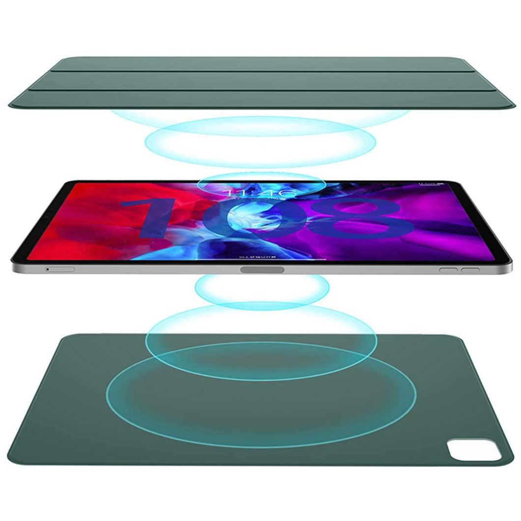 Ein arktis iPad Pro 11" (2024/2025) magnetisches Smart Case und zwei Hüllen von arktis sind nebeneinander abgebildet, verbunden durch blaue kreisförmige Magnetwellen.