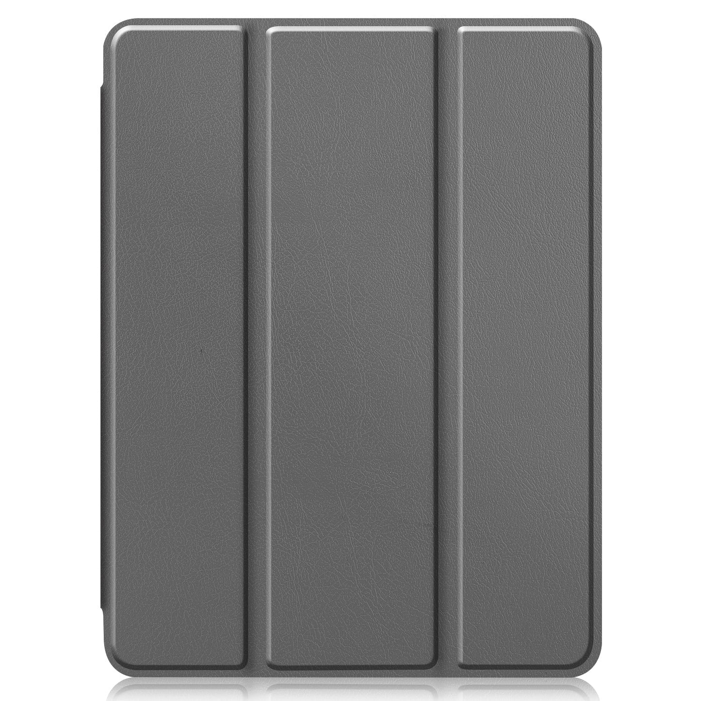 Das arktis iPad Air 13" (2024/2025) PREMIUM SmartCase in Dunkelgrau verfügt über eine dreifach gefaltete Frontabdeckung und einen Apple Pencil-Halter, der geschlossen und vertikal stehend dargestellt ist und so vollständigen Schutz vor einem weißen Hintergrund bietet.