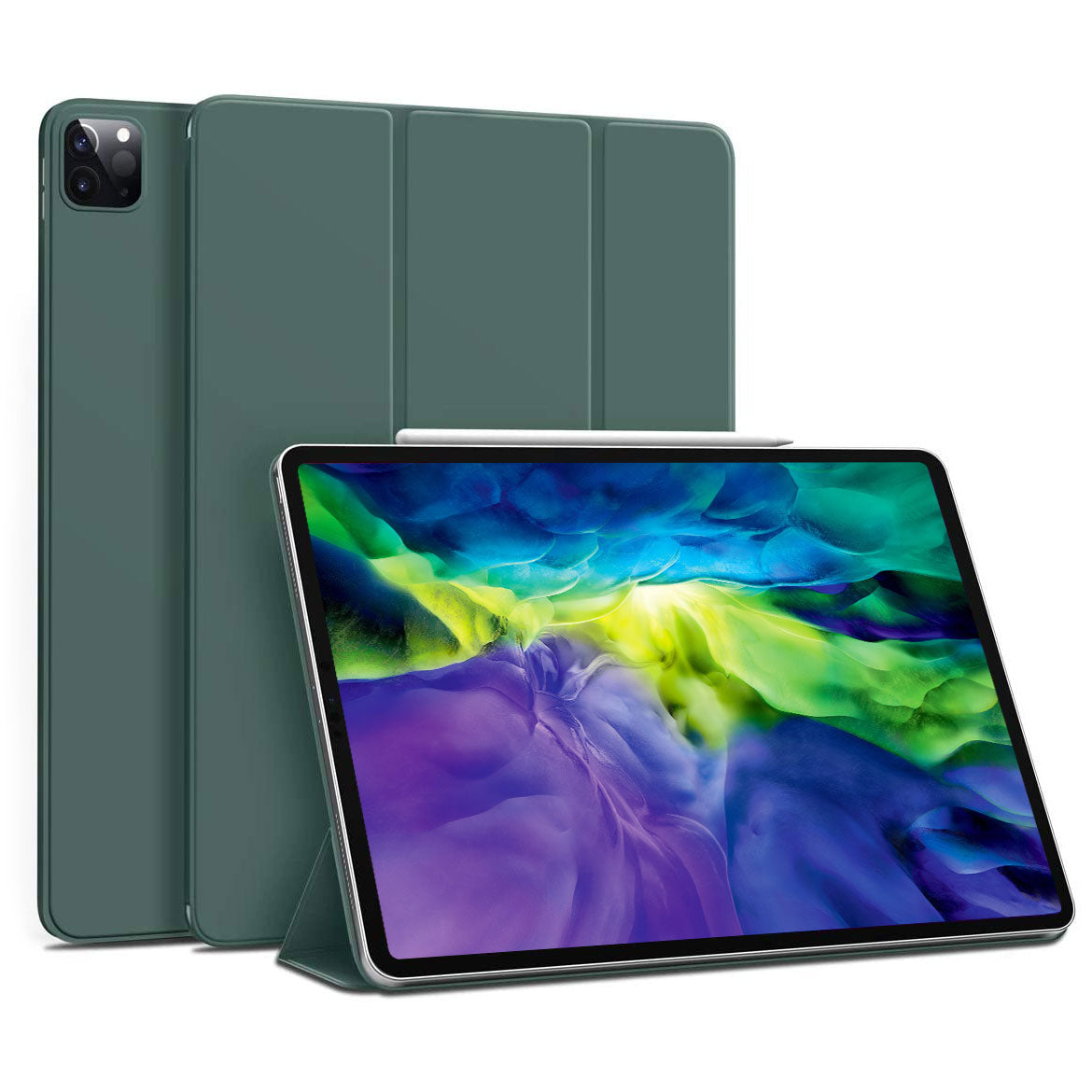 Ein arktis iPad Pro 13" (2024/2025) in einem grünen arktis magnetisches Smart Case, im Querformat gehalten, zeigt ein leuchtendes abstraktes Display.