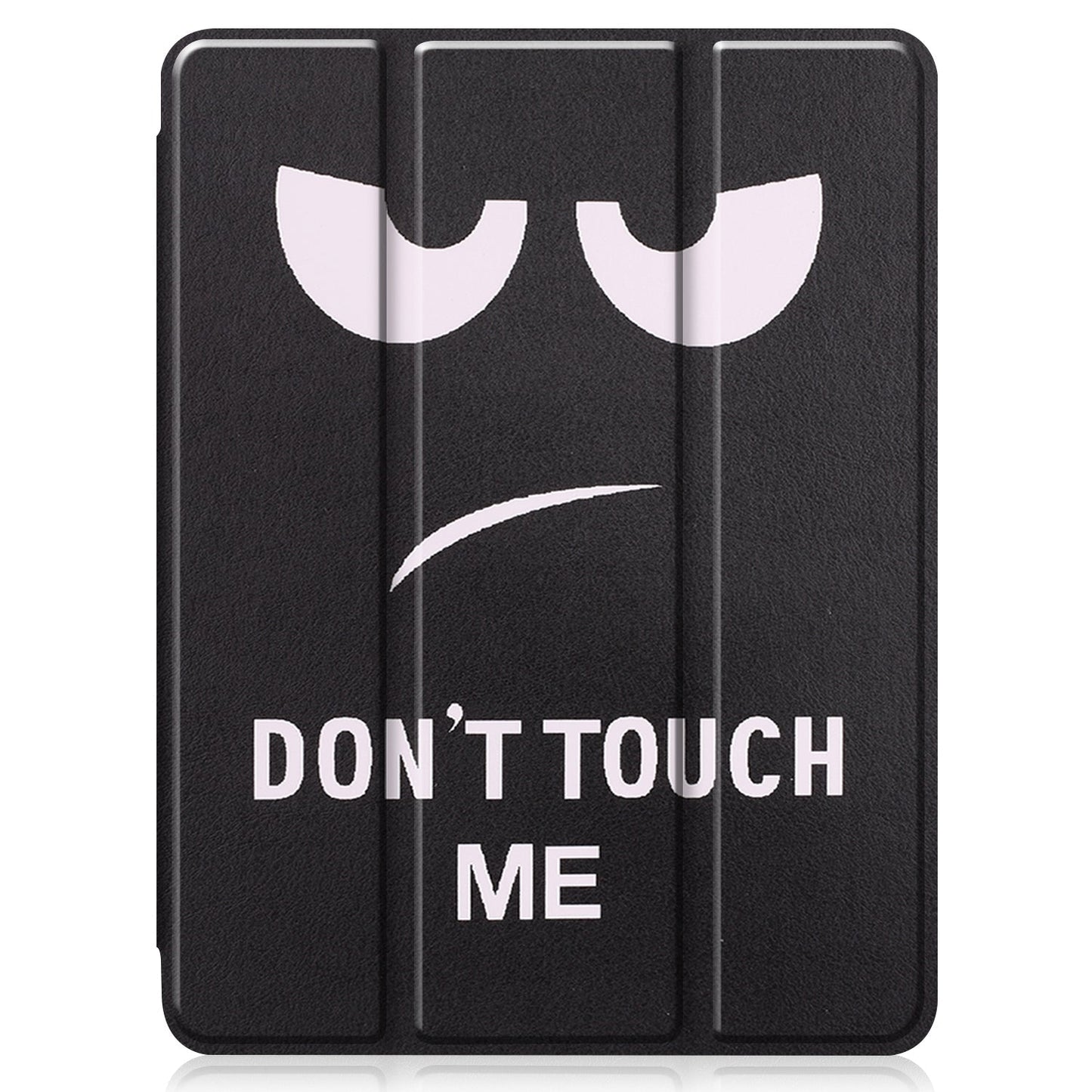 Das arktis iPad Air 13" (2024/2025) PREMIUM SmartCase in Schwarz zeigt eine Grafik mit wütenden Augen und einem stirnrunzelnden Mund über dem fettgedruckten Text „DONT TOUCH ME“ und bietet eine magnetische Befestigung für sicheren, stilvollen Schutz.