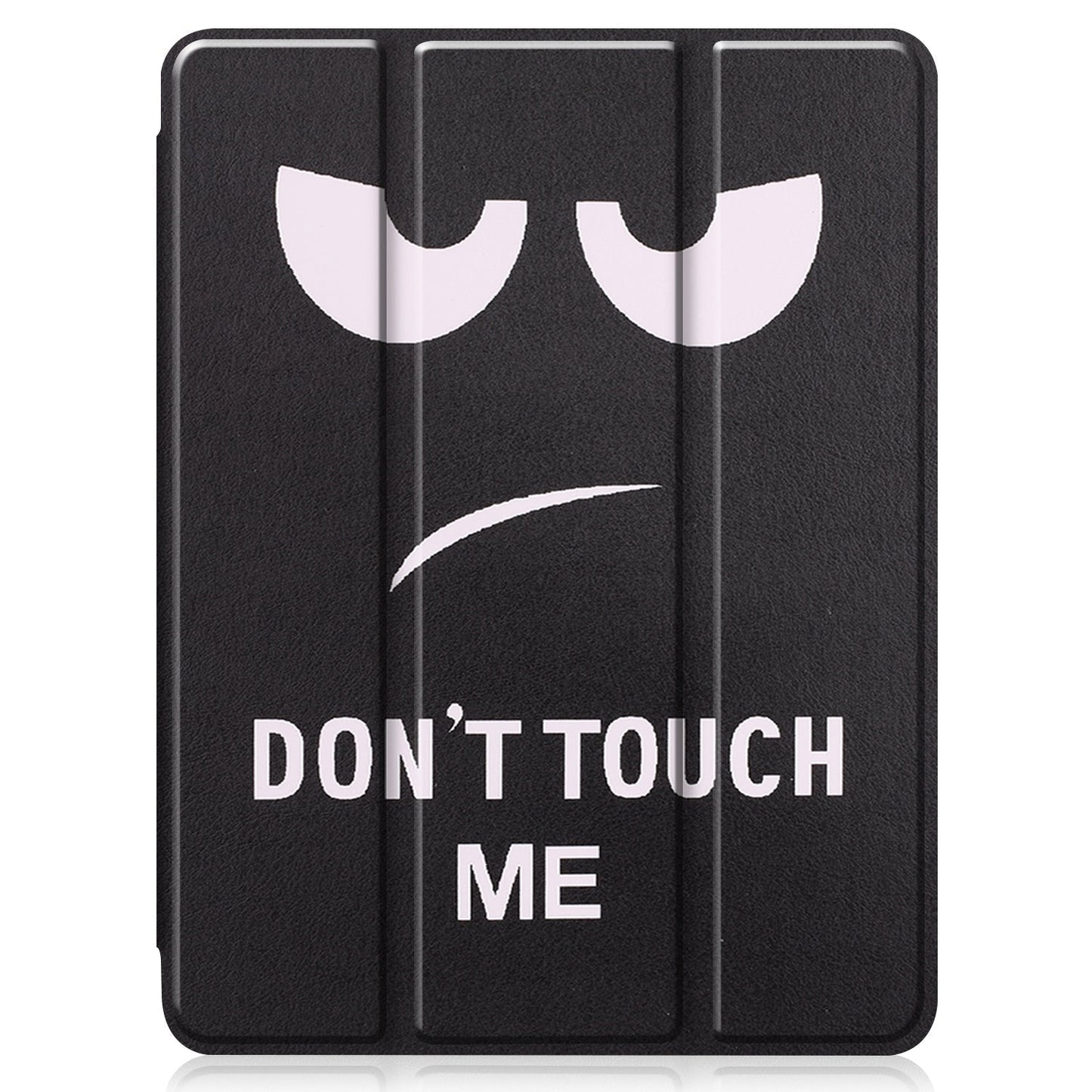 Das arktis iPad Pro 13" (2024/2025) PREMIUM SmartCase hat ein schwarzes Design mit wütenden Augen, einem Stirnrunzeln und "DON'T TOUCH ME" in fetten weißen Buchstaben und enthält eine integrierte Apple Pencil Halterung für zusätzlichen Komfort.