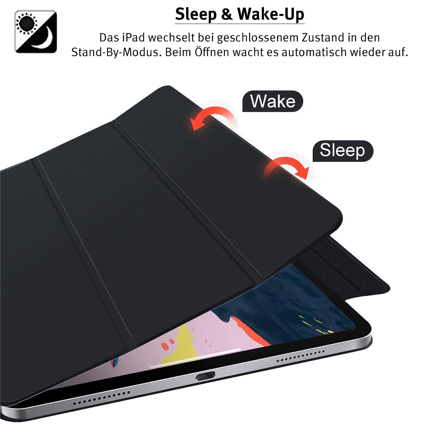 Das magnetische Smart Case 2.0 für das arktis iPad Pro 11" (2024) ist teilweise geöffnet abgebildet. Pfeile mit der Aufschrift „Wake/Sleep“ veranschaulichen die automatische Schlaf-/Wachfunktion. Der deutsche Text erklärt, dass das iPad im geschlossenen Zustand in den Ruhezustand wechselt und beim Öffnen aufwacht. Marke: arktis.