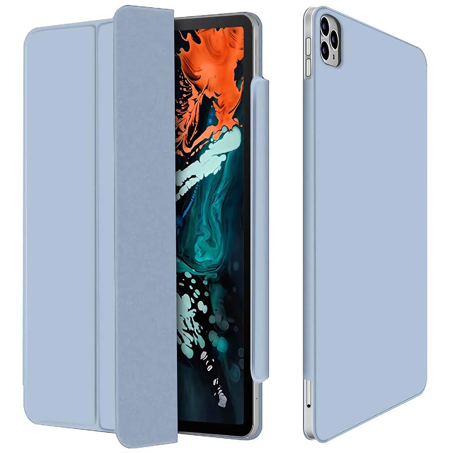Das magnetische Smart Case 2.0 von arktis für das iPad Air 13" (2024/2025) in Hellblau wird in zwei Positionen gezeigt, wodurch sein schlankes Design und die Kameraaussparung hervorgehoben werden. Der iPad-Bildschirm zeigt abstrakte Kunst. Marke: arktis.