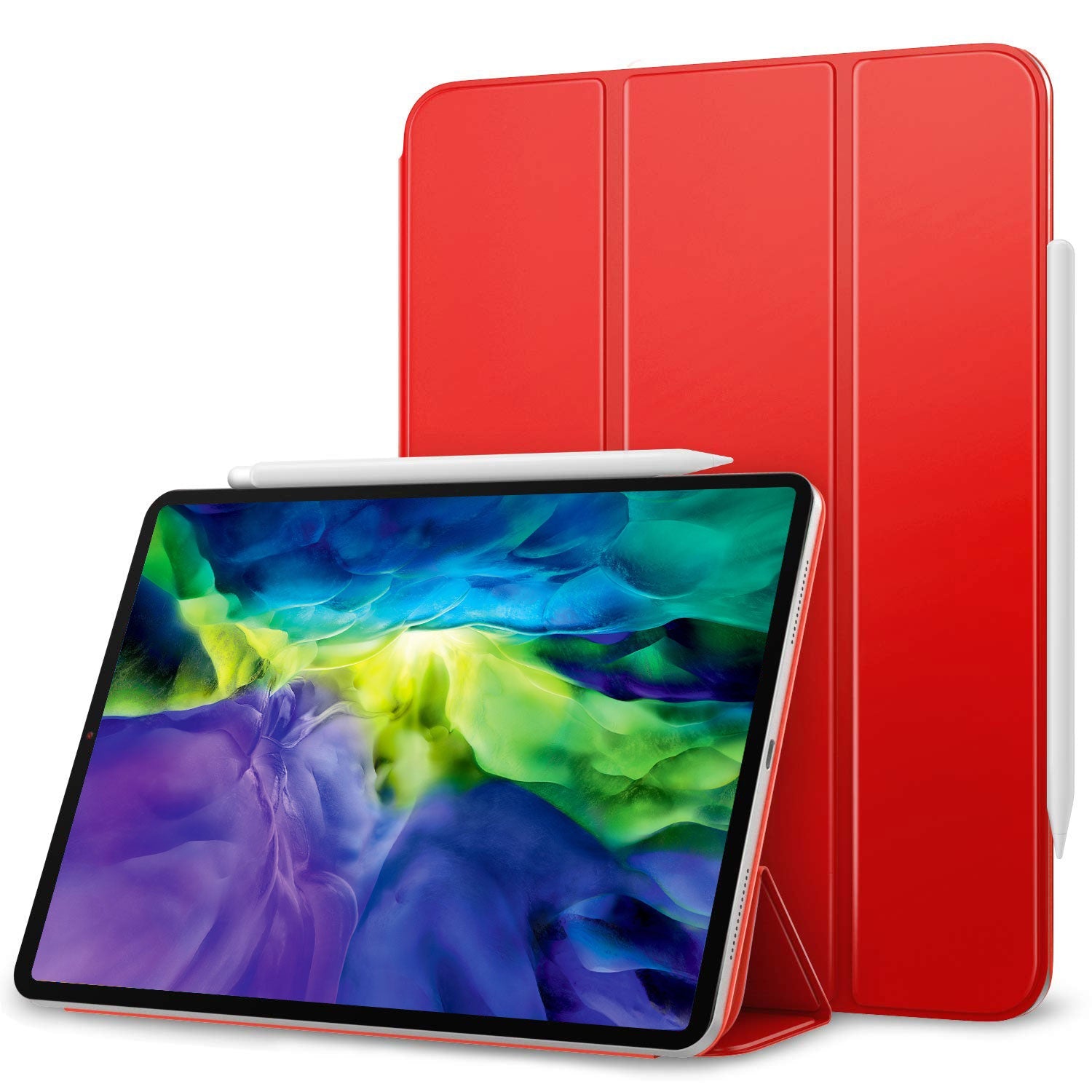 Ein iPad Pro 11" (2024) in einem lebendigen, magnetischen arktis Smart Case (rot) mit einem weißen Stylus, abgebildet aufrecht im Standmodus für eleganten Schutz durch die ultradünne arktis Schutzhülle.