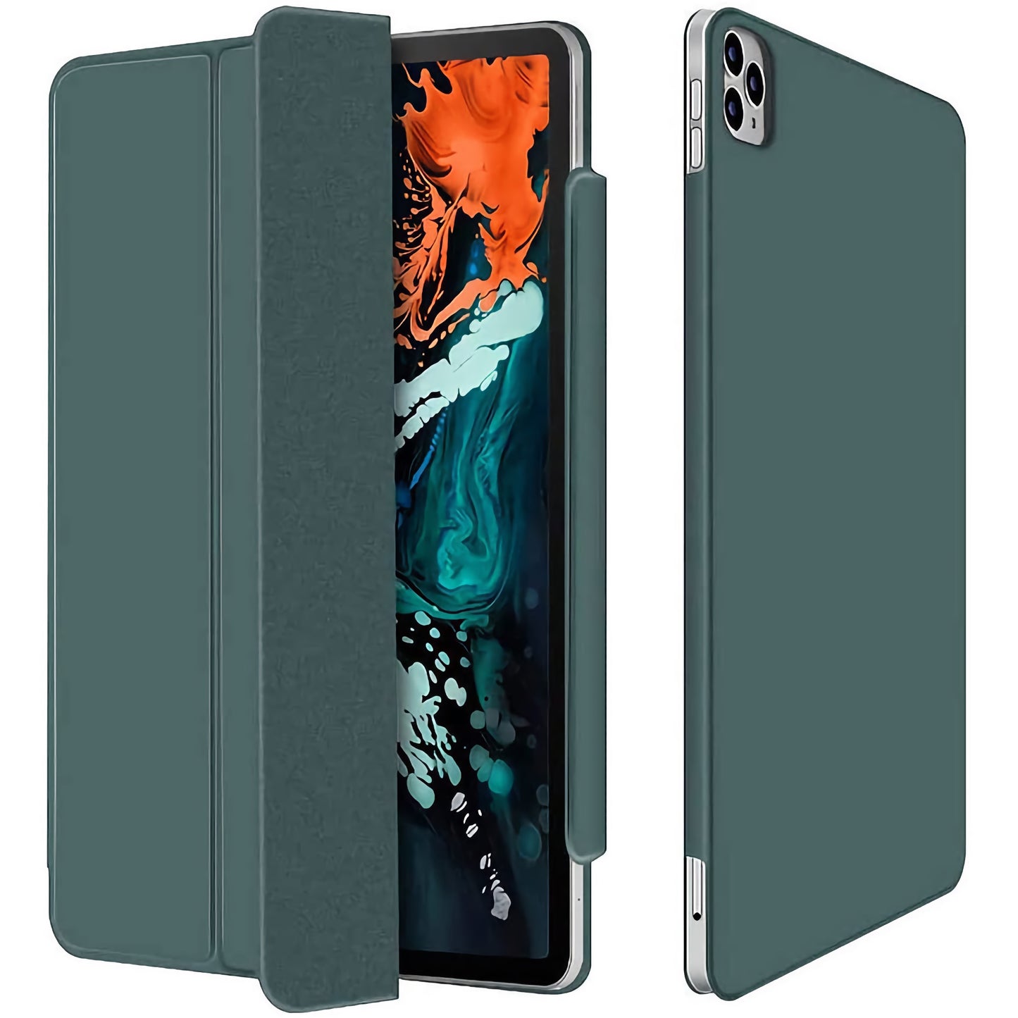 Das magnetische Smart Case 2.0 von arktis für das iPad Pro 11" (2024) in Grün wird aus mehreren Winkeln gezeigt und bedeckt die Rückseite und die Seiten mit einer Frontklappe im Smart Cover-Stil. Der Tablet-Bildschirm zeigt ein abstraktes, farbenfrohes Design.