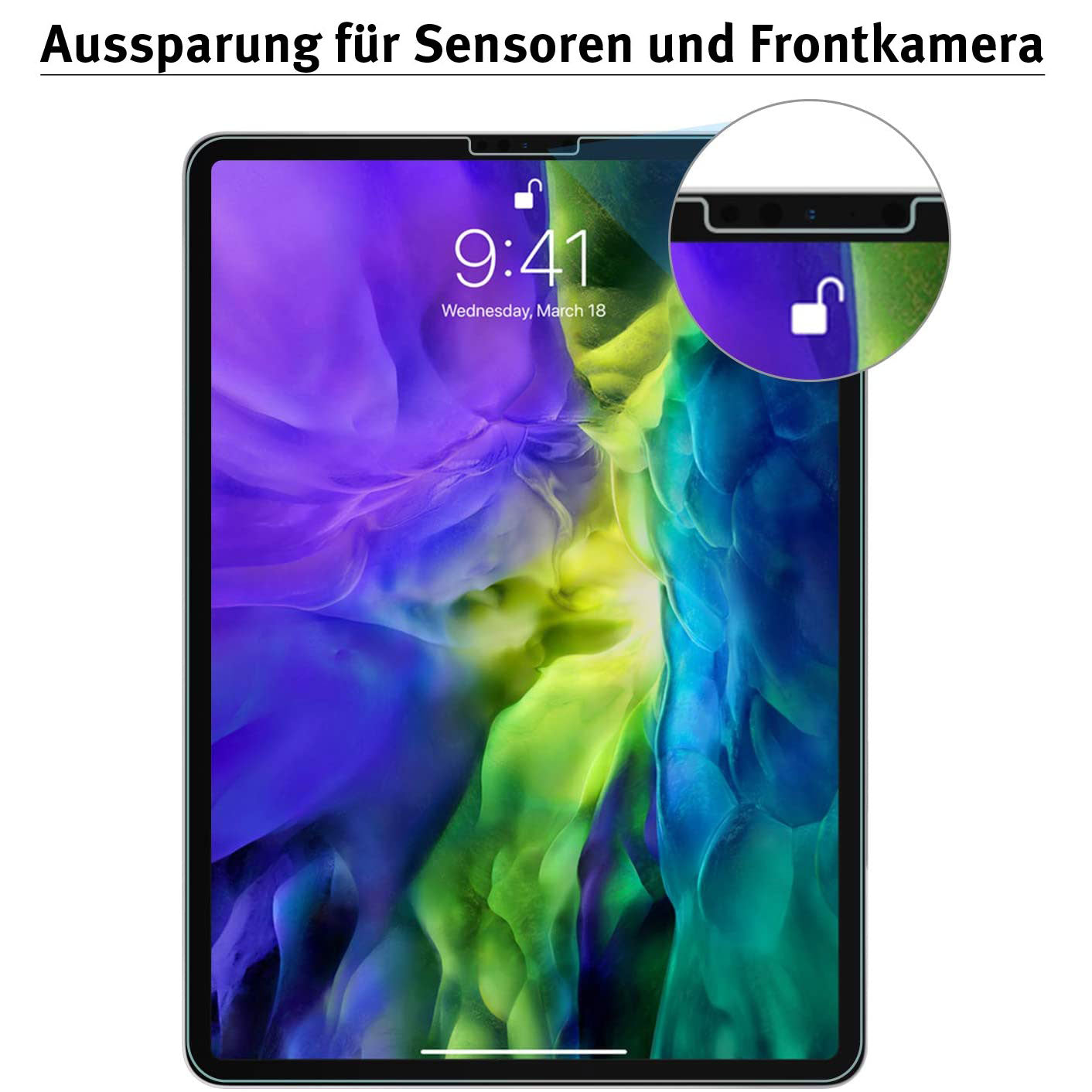 Tablet mit leuchtendem Display und Sensorkerbe, im Detail dargestellt - ideal zur Präsentation der arktis 2x iPad Pro 13" (2024/2025) Premium Displayschutzfolie von arktis und ihrer perfekten Passform für das iPad Pro 13.