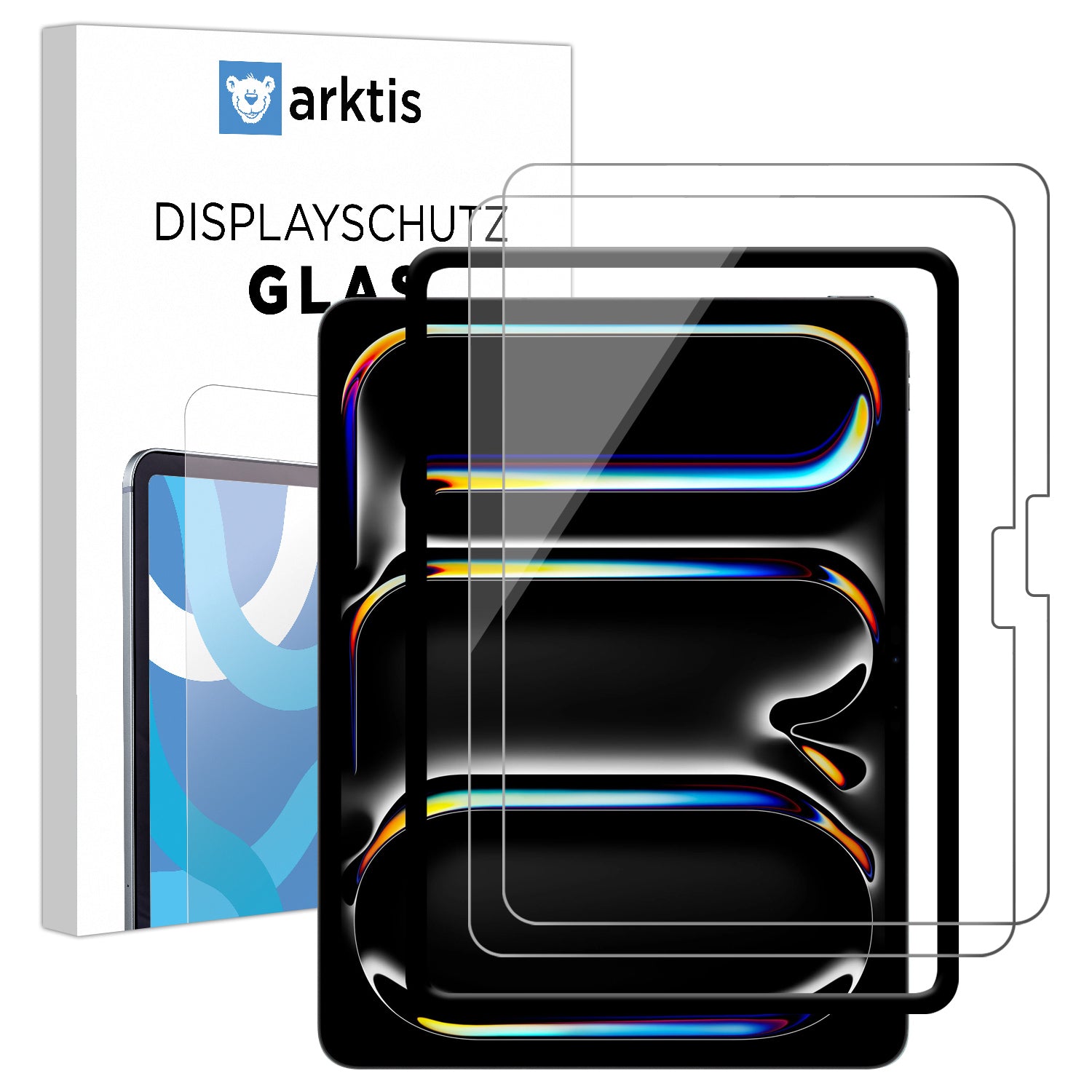 Das arktis iPad Pro 13" (2024/2025) Displayschutz GLAS 2er Set enthält zwei klare, oleophobe Displayschutzfolien aus gehärtetem Glas - idealer Displayschutz für Ihr iPad Pro 13", verpackt mit arktis Branding.