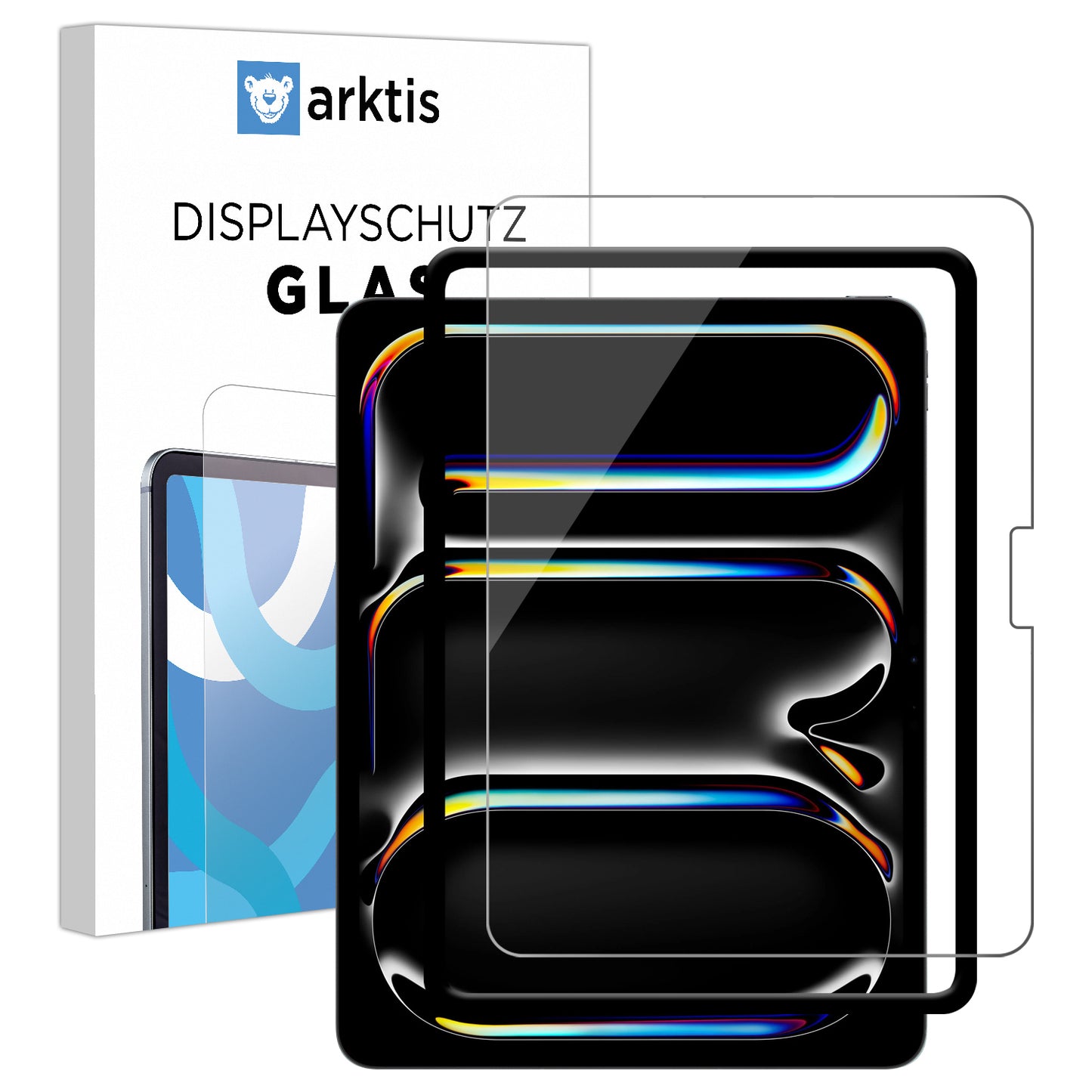 Displayschutzfolie aus gehärtetem Glas für das iPad Pro 13" (2024/2025) von arktis, mit der Verpackungsaufschrift "arktis Displayschutz GLAS" und dem oleophoben Glas ArktisPRO.