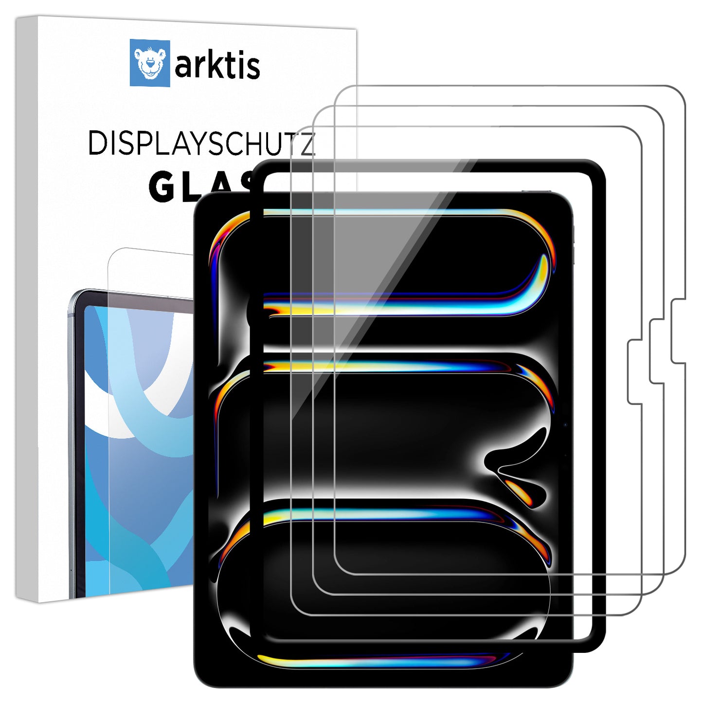 Eine Box mit einem arktis iPad Pro 13" (2024/2025) Displayschutz GLAS - 3er Set, hergestellt aus gehärtetem Glas mit einer oleophoben Beschichtung.