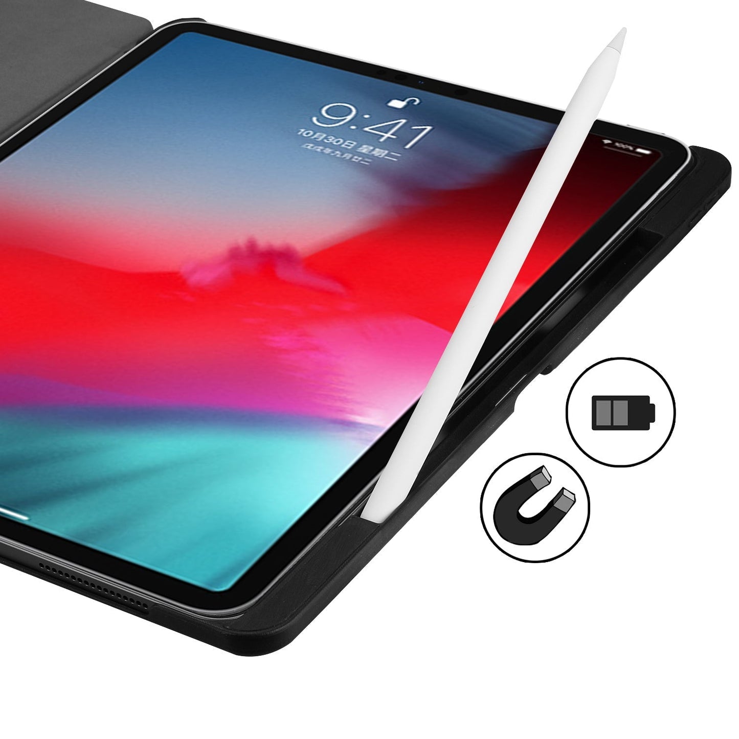 Das arktis iPad Pro 11" (2024) PREMIUM SmartCase, abgebildet mit einem Apple Pencil, zeigt Batterie- und Magnetsymbole auf der rechten Seite an.