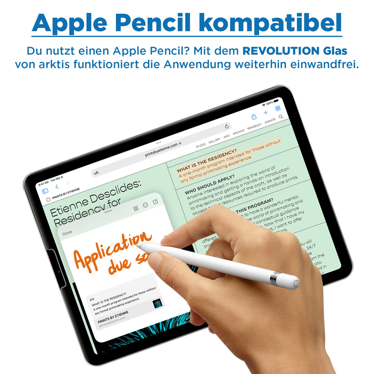 Eine Hand benutzt einen Apple Pencil auf einem Tablet mit Dokumenten. Der deutsche Text „Apple Pencil kompatibel“ wirbt für den Arktis arktis iPad REVOLUTION Glas-Displayschutz – idealer Displayschutz von Arktis, perfekt für die Verwendung mit dem Apple Pencil.