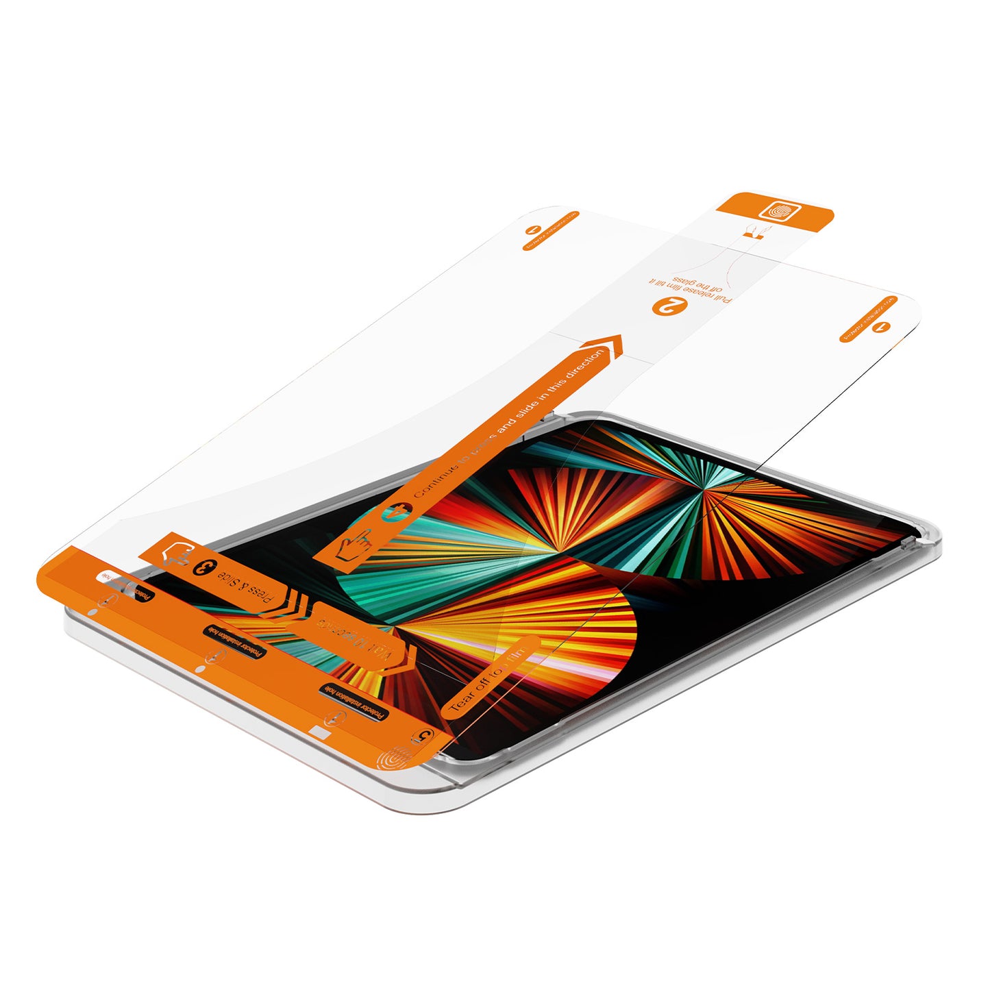 Ein arktis iPad REVOLUTION Glas-Displayschutz von Arktis mit orangefarbenen Laschen ist über einem iPad angebracht und zeigt ein buntes abstraktes Muster, um die Installation des Glas-Displayschutzes zu veranschaulichen.