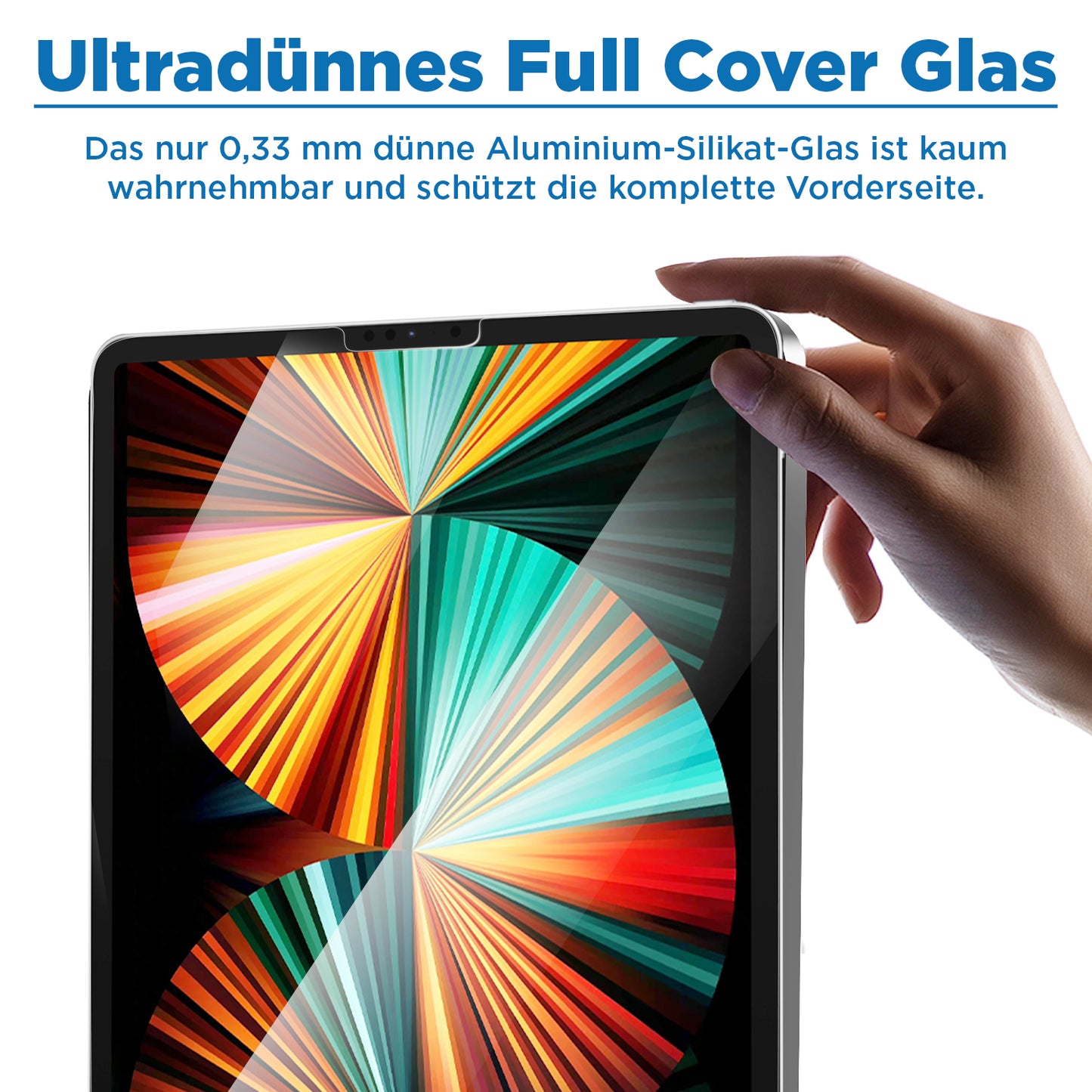 Eine Hand hält ein Tablet mit einem lebendigen Muster, während deutscher Text den Arktis arktis iPad REVOLUTION Glas-Displayschutz hervorhebt – einen ultradünnen 0,33 mm dicken Vollabdeckungs-Displayschutz mit EZ.INSTALL-Rahmen für sicheren iPad-Schutz.