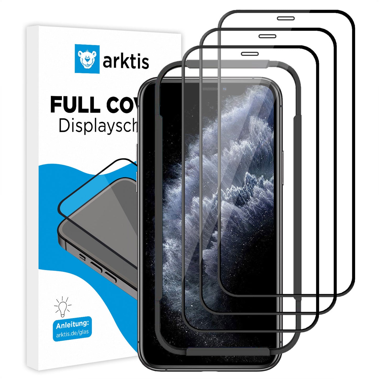 Drei ArktisPRO iPhone 11 Pro FULL COVER Displayschutz-Displayschutzfolien aus Glas mit hüllenfreundlichem Design und Verpackung.