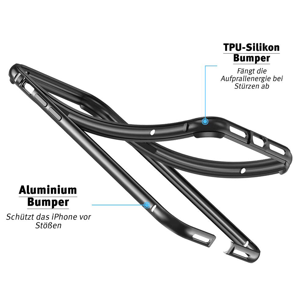 Diagramm eines arktis iPhone Air Bumper Case mit beschriftetem, stoßabsorbierendem TPU-Silikon und ultraleichtem Aluminium-Bumper (Marke: arktis) auf Deutsch.