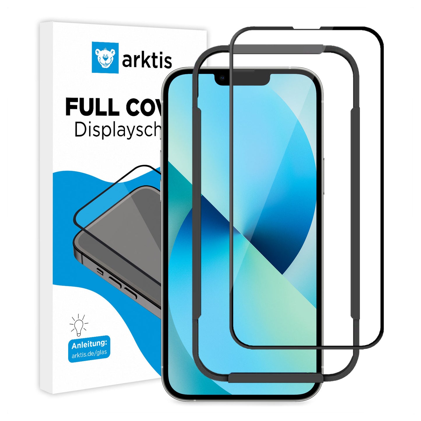 Ein iPhone 13 mini zeigt ein blaues abstraktes Hintergrundbild mit zwei kratzfesten 9H Displayschutz-GLAS-Displayschutzfolien von ArktisPRO und einer Verpackung mit der Aufschrift „ArktisPRO iPhone 13 mini FULL COVER“ mit einem blauen Bärenlogo und einer Telefonillustration.