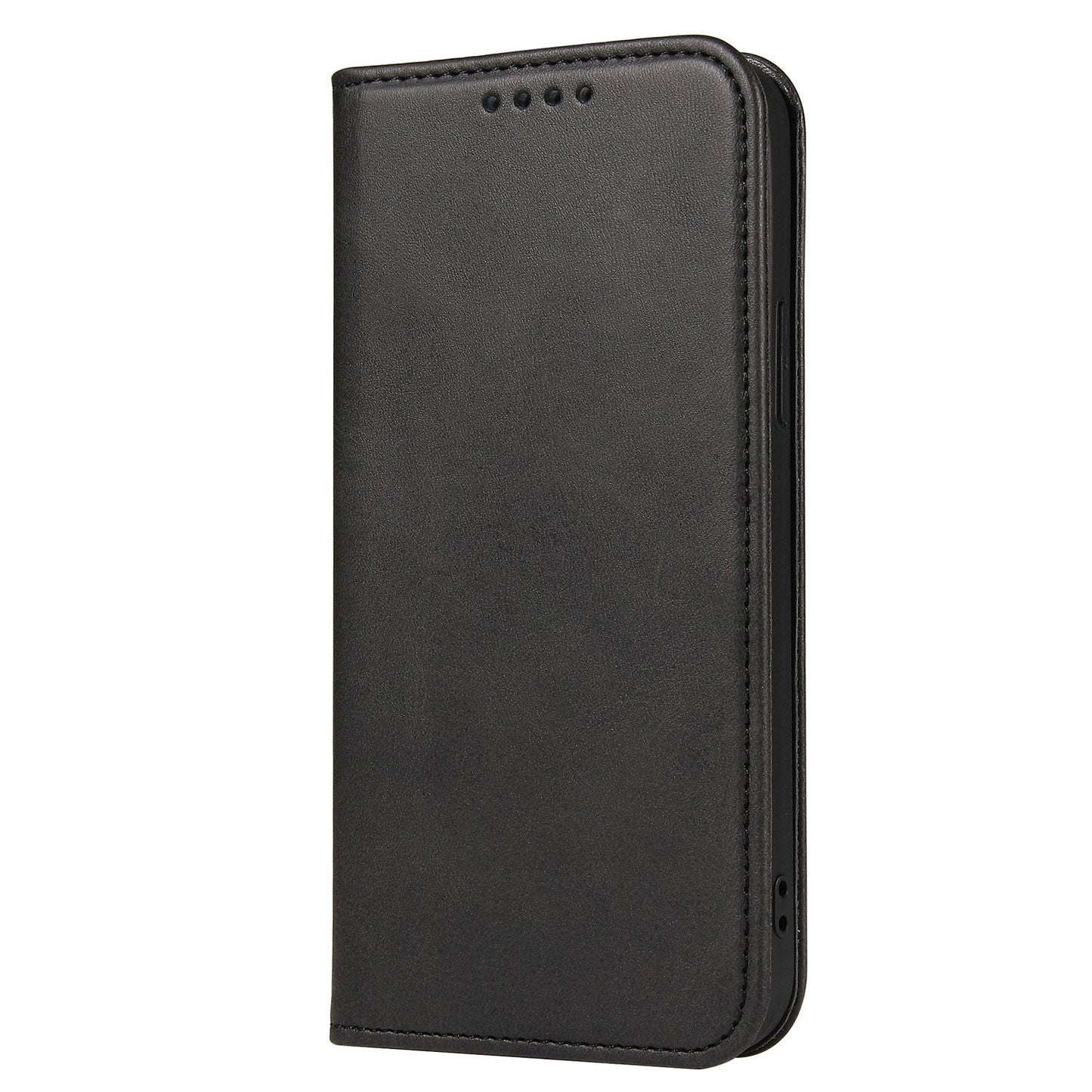 Das arktis iPhone Air Book Case, eine geschlossene schwarze Kunstlederhülle mit Aufstellfunktion, steht aufrecht vor einem weißen Hintergrund.
