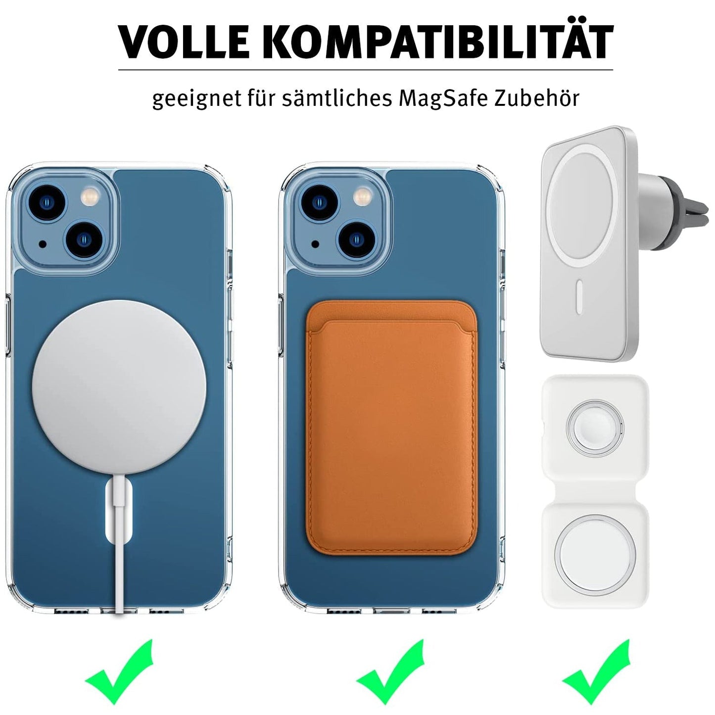 Zwei transparente iCEO iPhone 15 Crystal Cases mit MagSafe, abgebildet auf Smartphones, plus kompatibles Zubehör (Ladegerät, Geldbörse, Halterungen) und jeweils grüne Häkchen darunter.