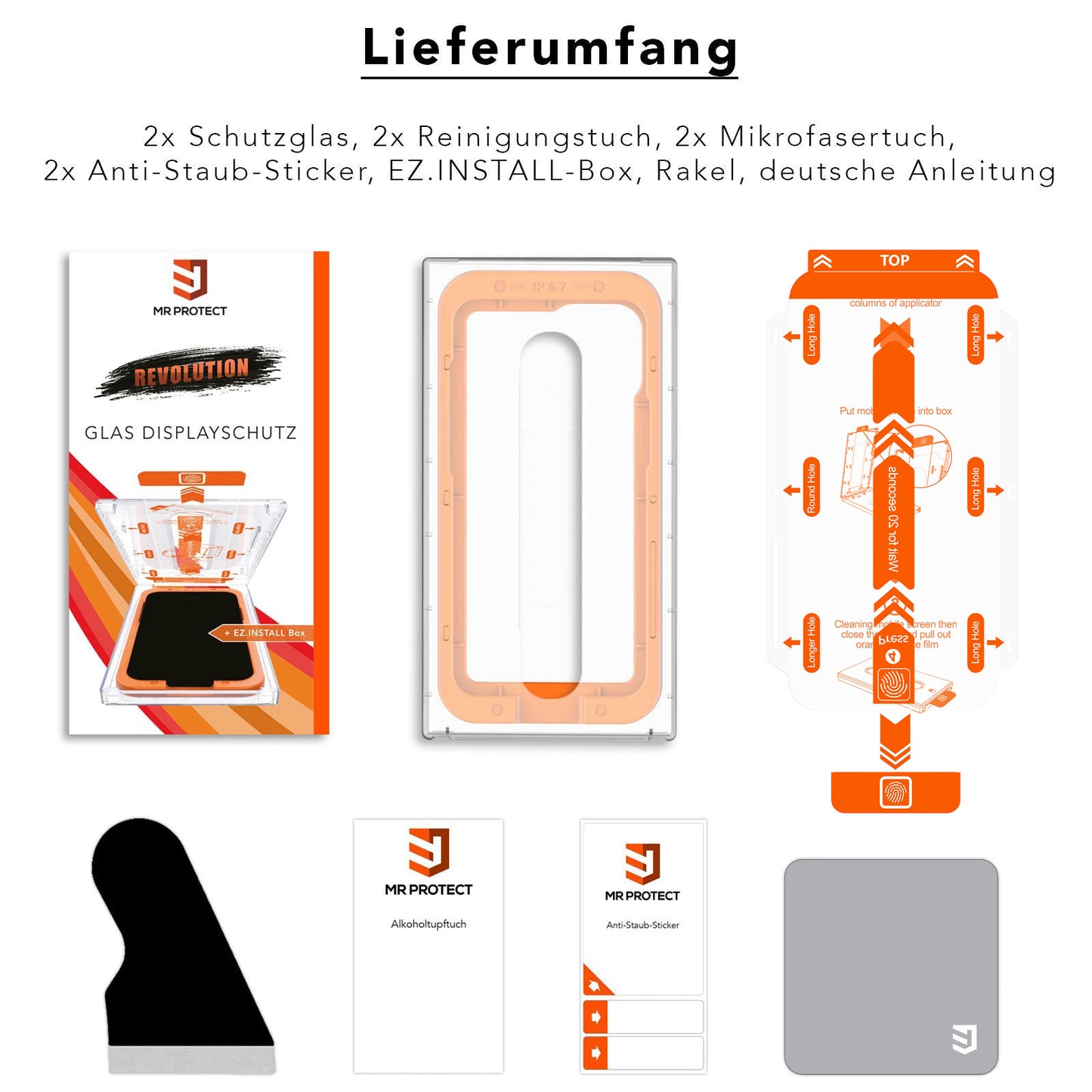 Das arktis 2er Set iPhone 13 mini REVOLUTION Glas-Displayschutz beinhaltet Aluminium-Silikat-Glas-Schutzfolien, Reinigungstücher, Mikrofasertücher, Aufkleber, Werkzeug, eine EZ.INSTALL-Box und eine Anleitung.